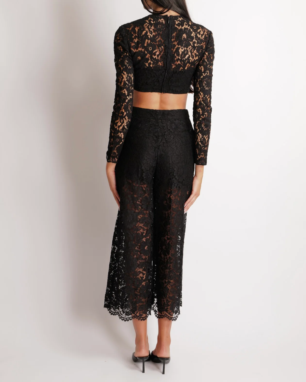 Valentino Black Lace Long-Sleeved Crop Top and Wide Trousers Set Size 40 (UK 8) - Image 4
