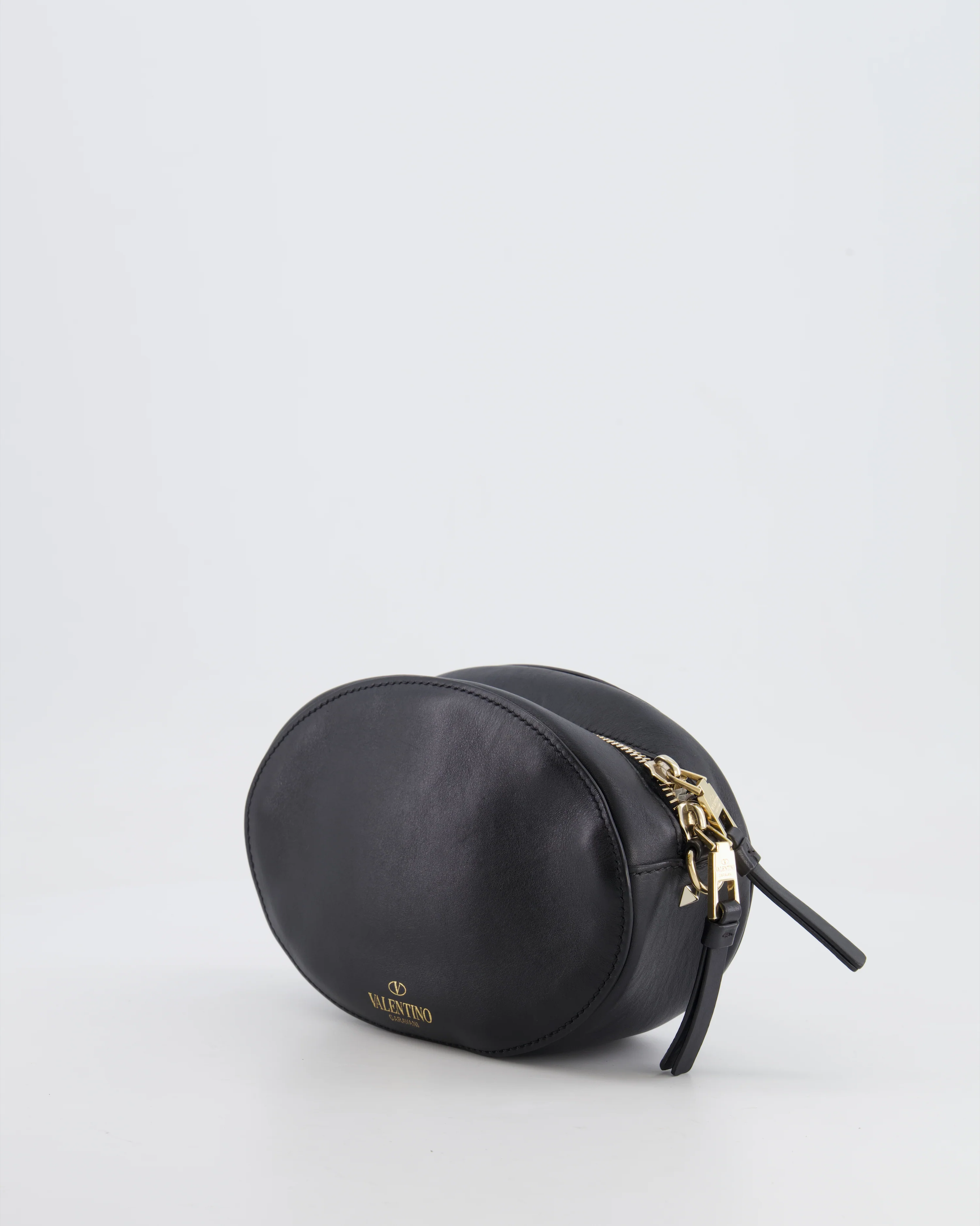 Valentino Black Leather Small Round Bag with White VLTN Print Detail and Champagne Gold Rockstud Strap - Image 5
