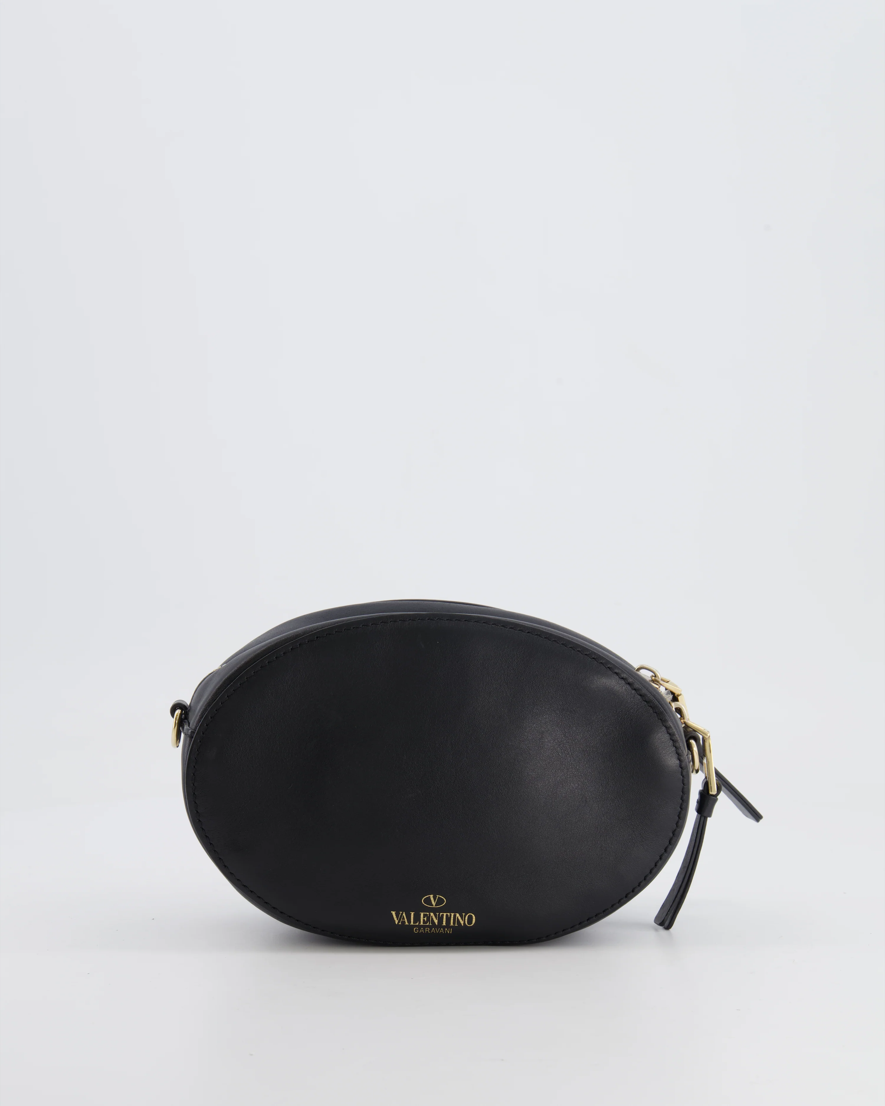 Valentino Black Leather Small Round Bag with White VLTN Print Detail and Champagne Gold Rockstud Strap - Image 6