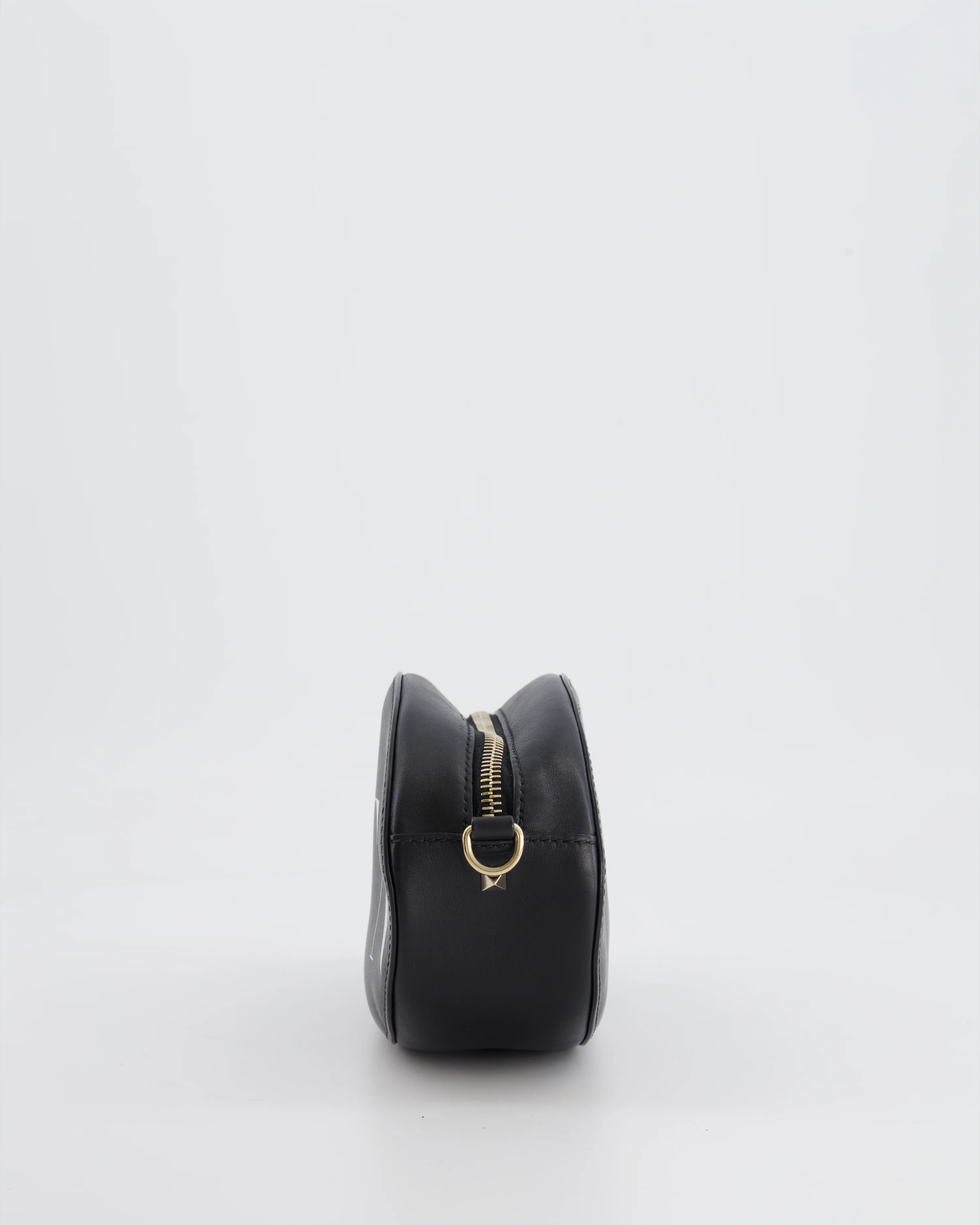 Valentino Black Leather Small Round Bag with White VLTN Print Detail and Champagne Gold Rockstud Strap - Image 8