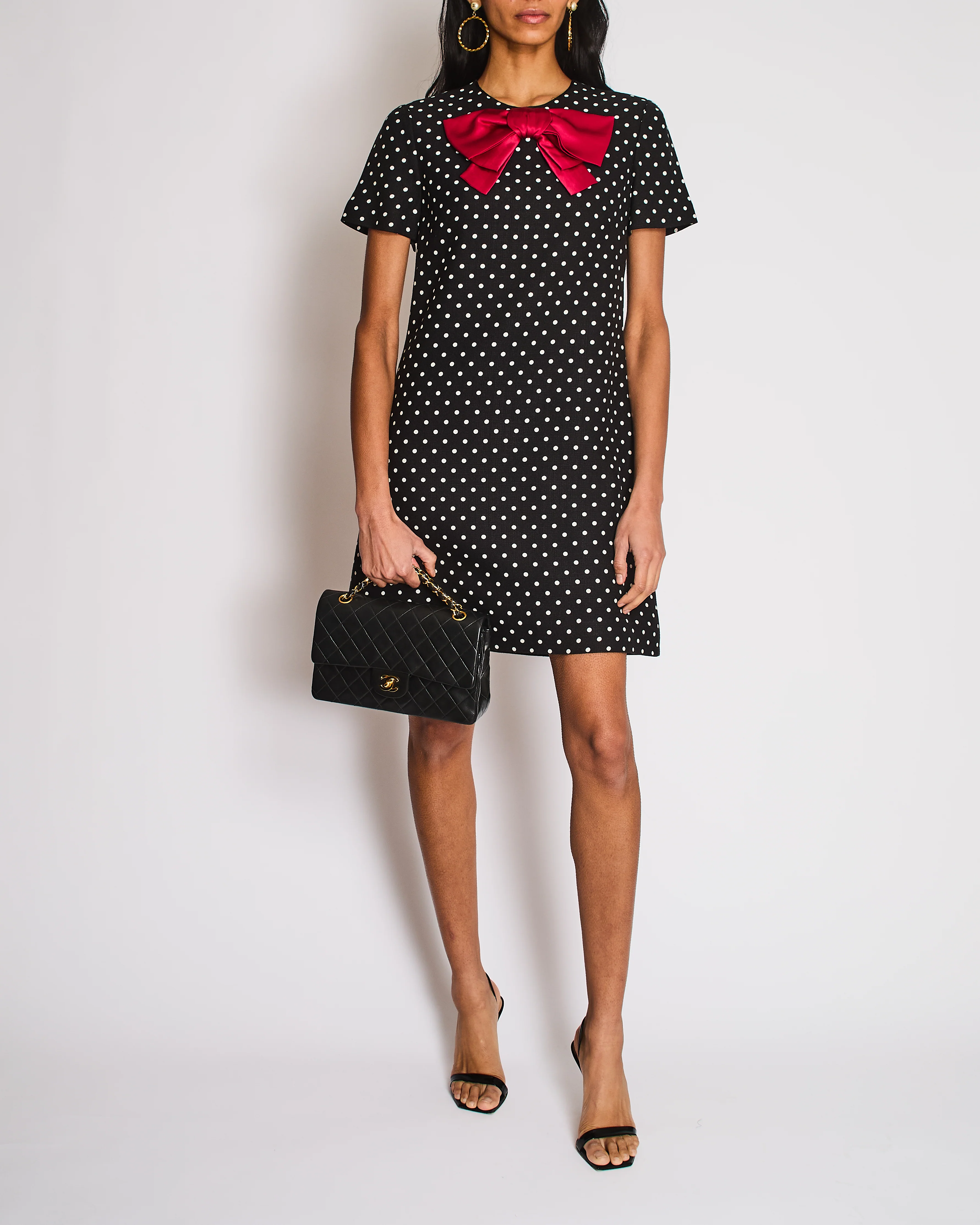 Valentino Black Polkadot Short Sleeve Midi Dress with Bow Detail Size IT 40 (UK 8)