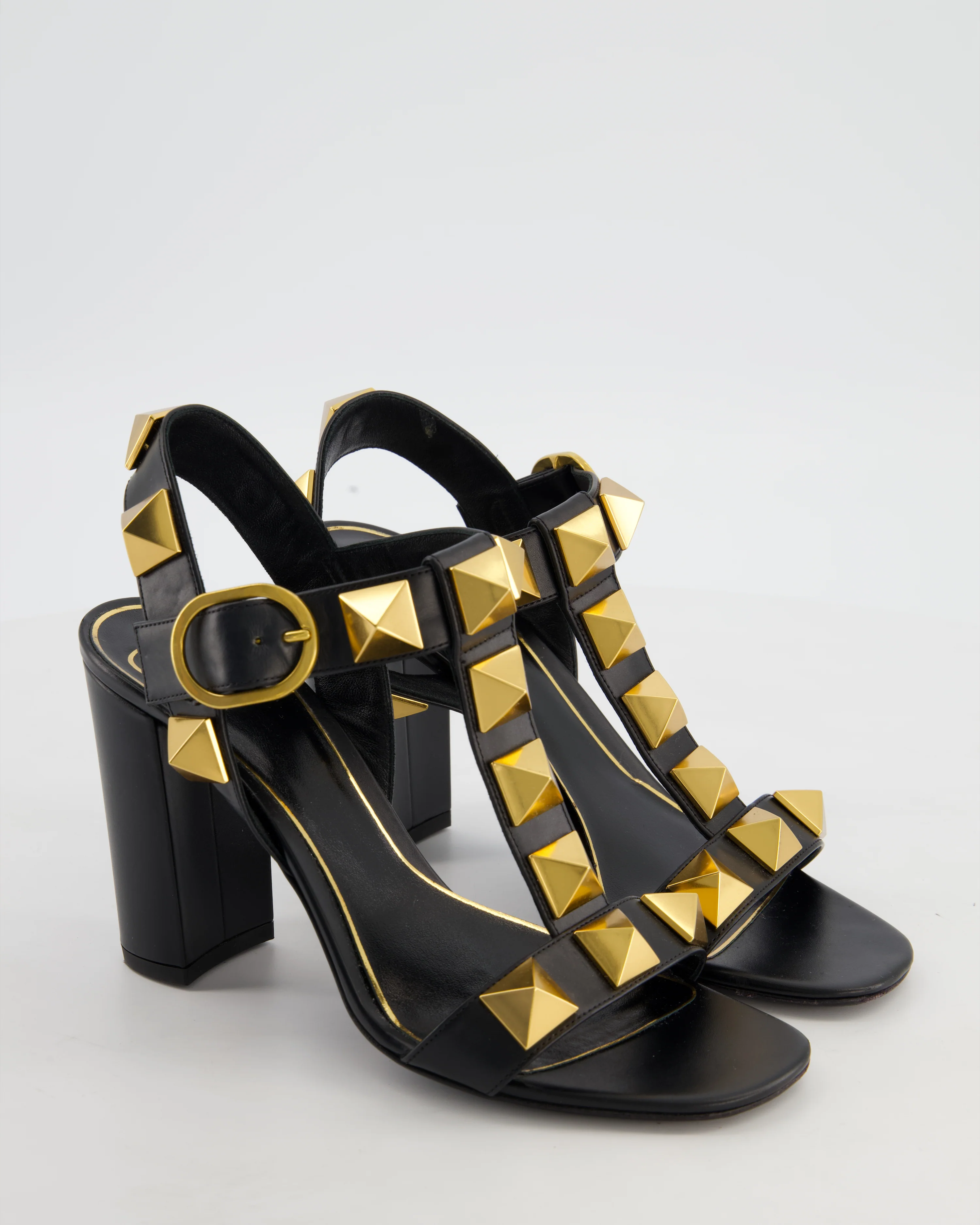 Valentino Black Gold Rockstud Block Heel Sandal Size EU 37 - Image 2