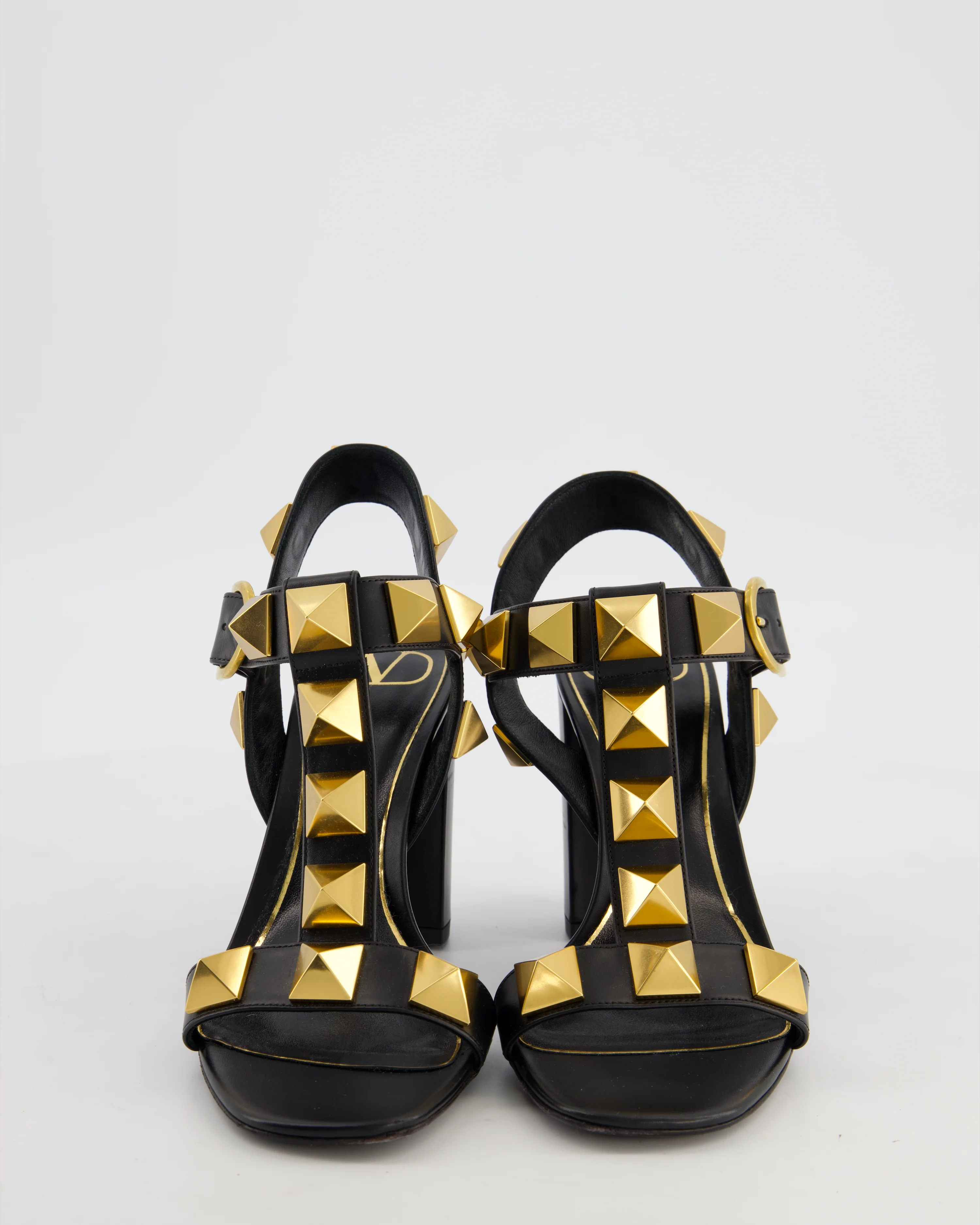 Valentino Black Gold Rockstud Block Heel Sandal Size EU 37 - Image 3