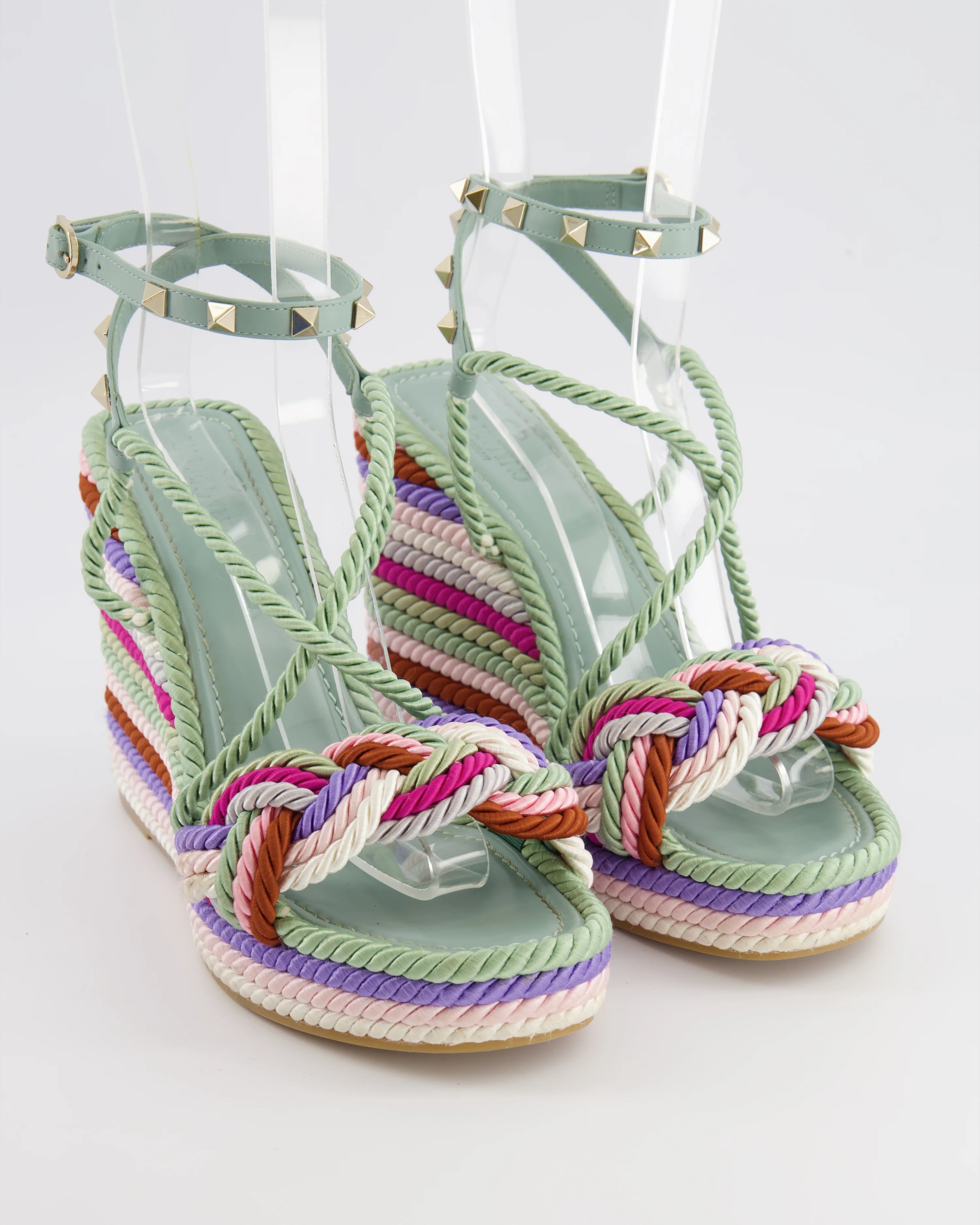 Valentino Blue Leather and Multicolour Cord Rockstud Heeled Sandals Size EU 41 - Image 2