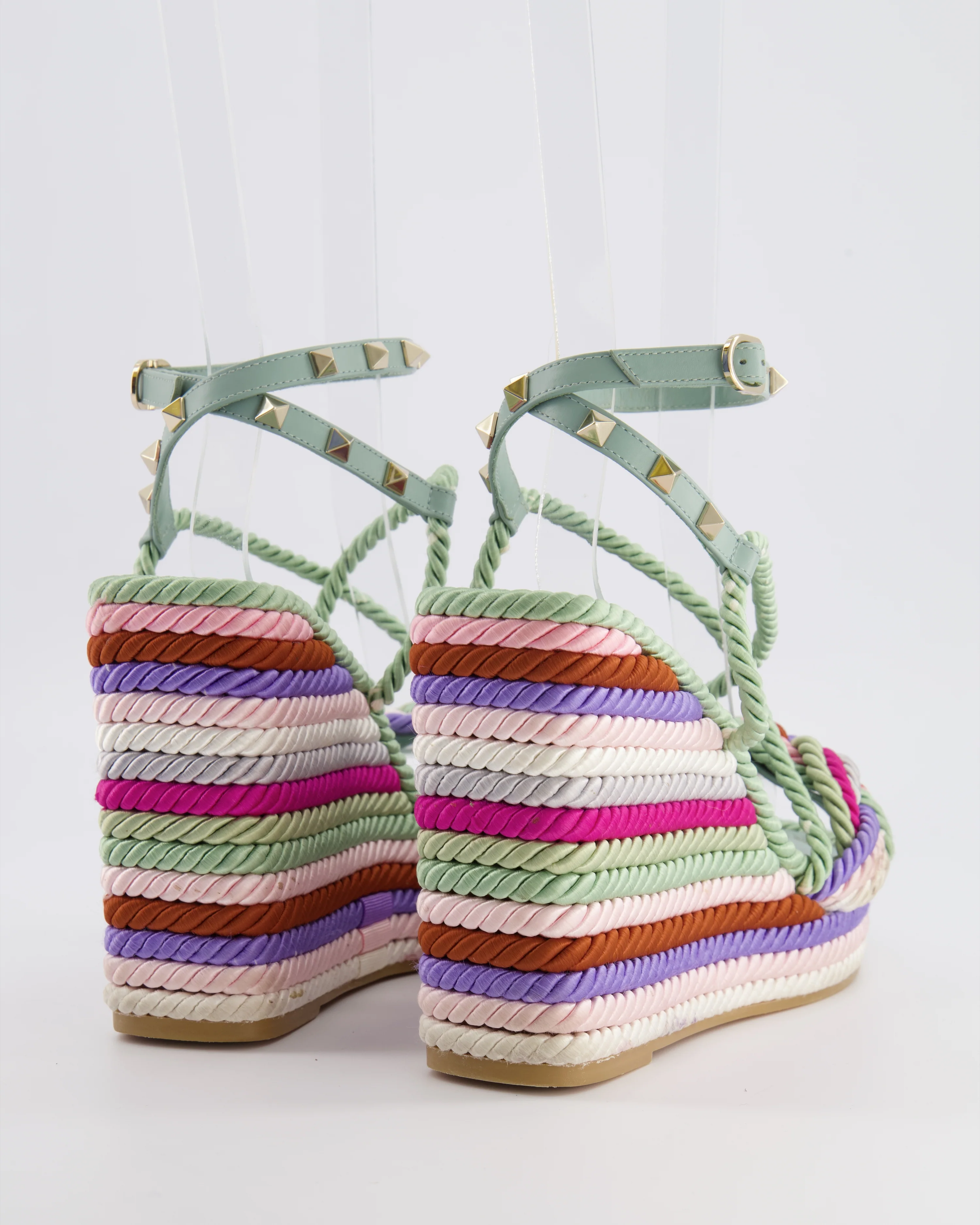 Valentino Blue Leather and Multicolour Cord Rockstud Heeled Sandals Size EU 41 - Image 3