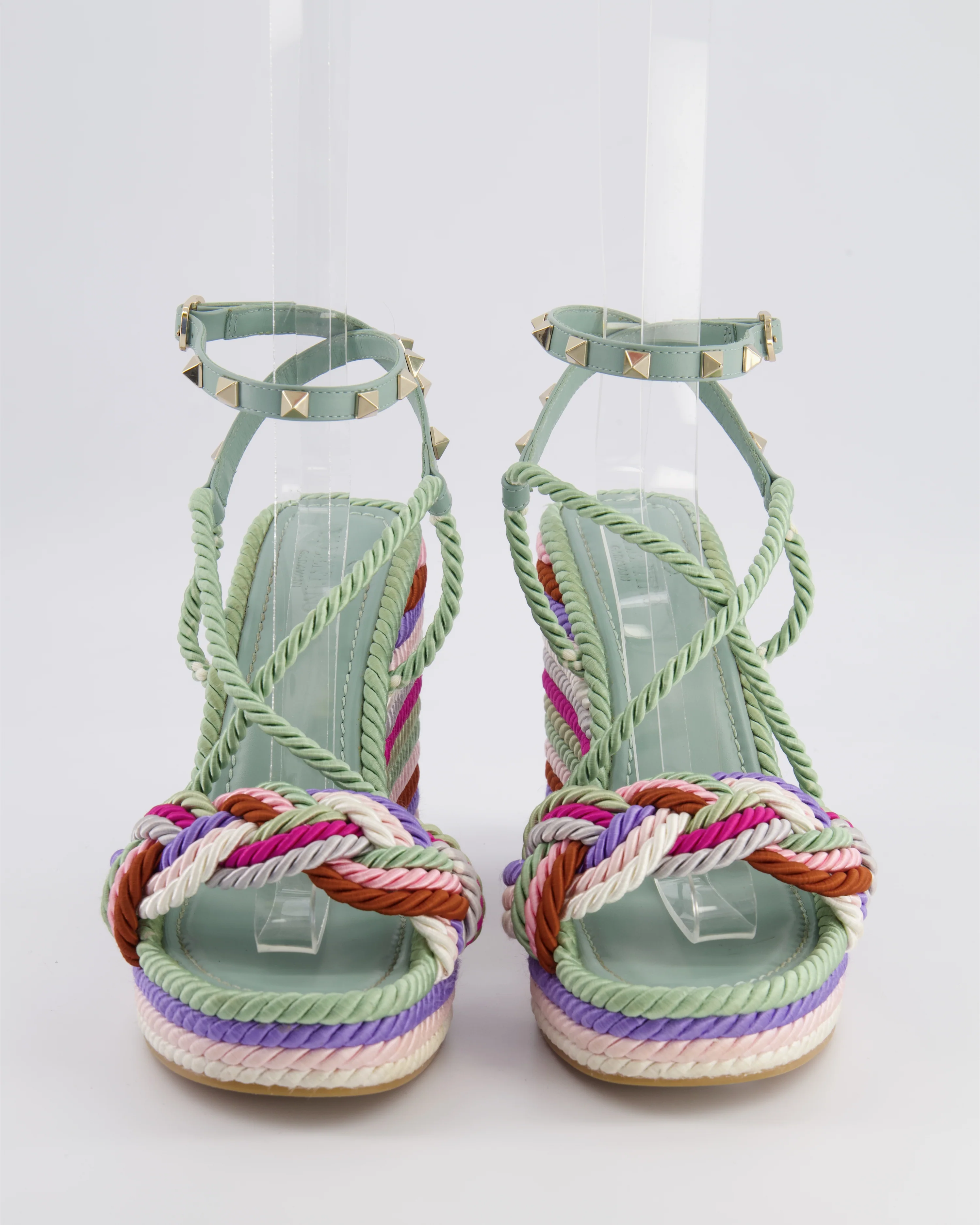 Valentino Blue Leather and Multicolour Cord Rockstud Heeled Sandals Size EU 41 - Image 4
