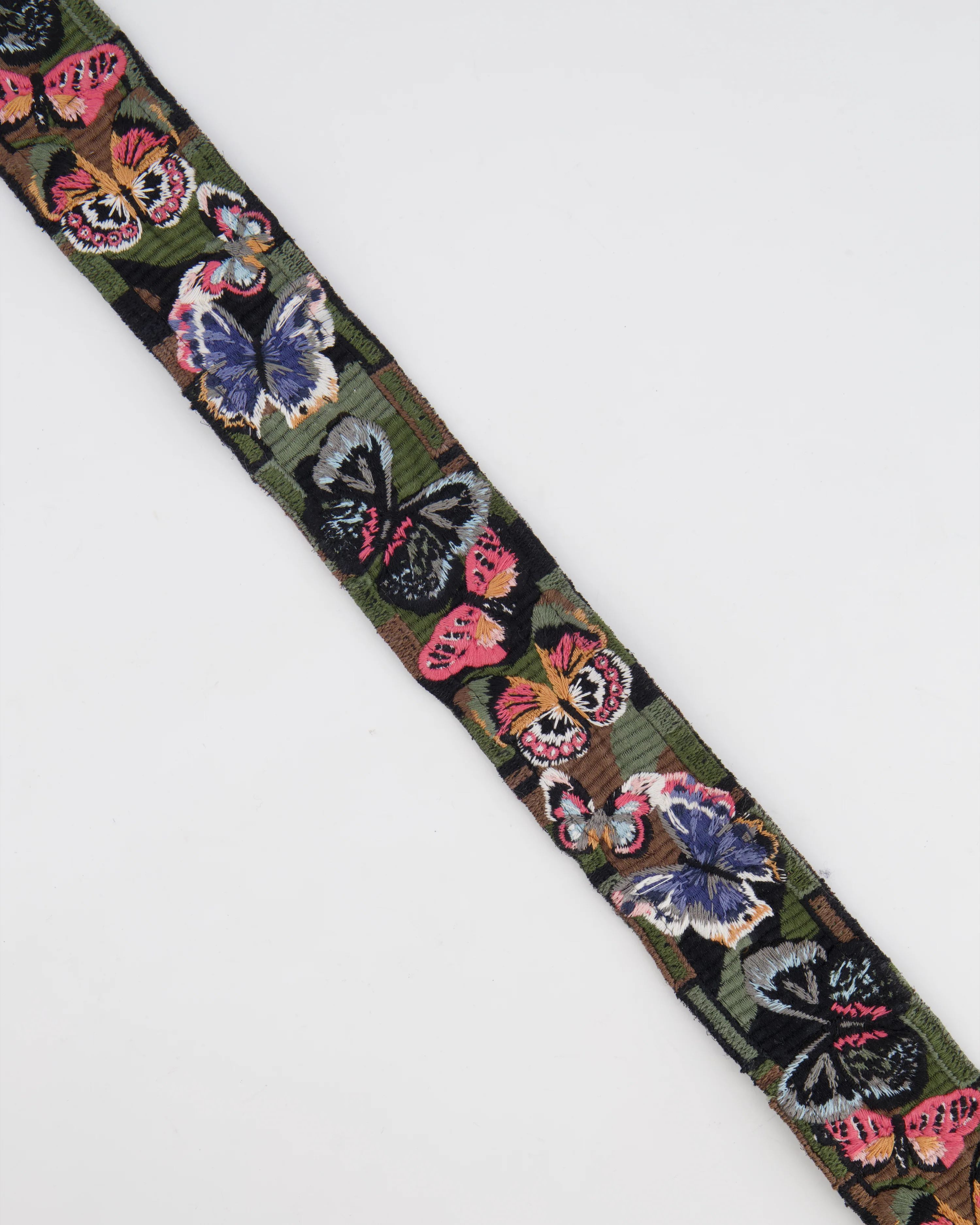 Valentino Khaki Camouflage Canvas and Leather Bag Strap with Butterfly Embroidery Detail - Image 4