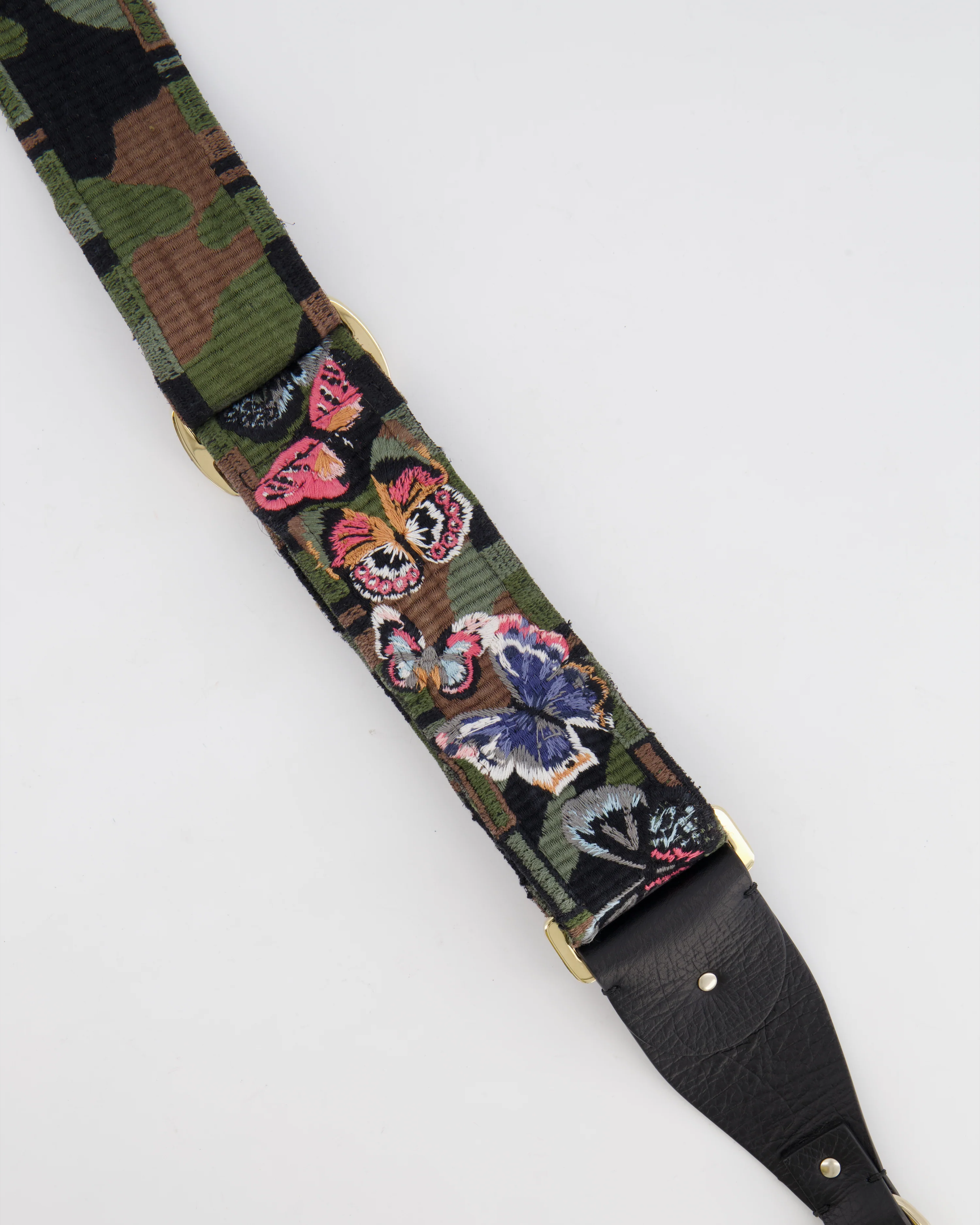 Valentino Khaki Camouflage Canvas and Leather Bag Strap with Butterfly Embroidery Detail - Image 5