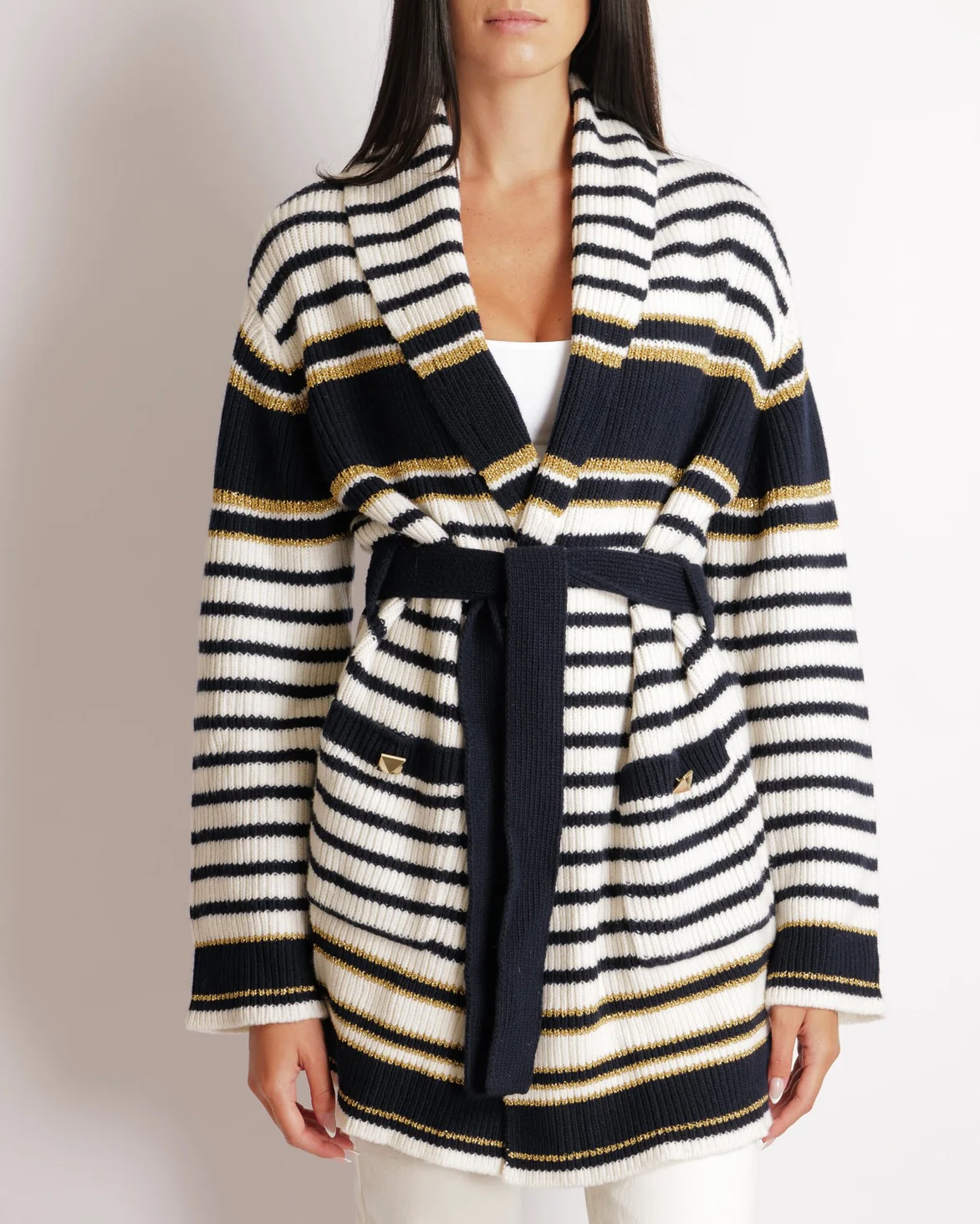 Valentino Navy and Cream Striped Wool Knitted Belted Cardigan with Shimmery Gold Details and Back Logo with Gold Buttons Size S (UK 8) RRP £2,450 - Image 2