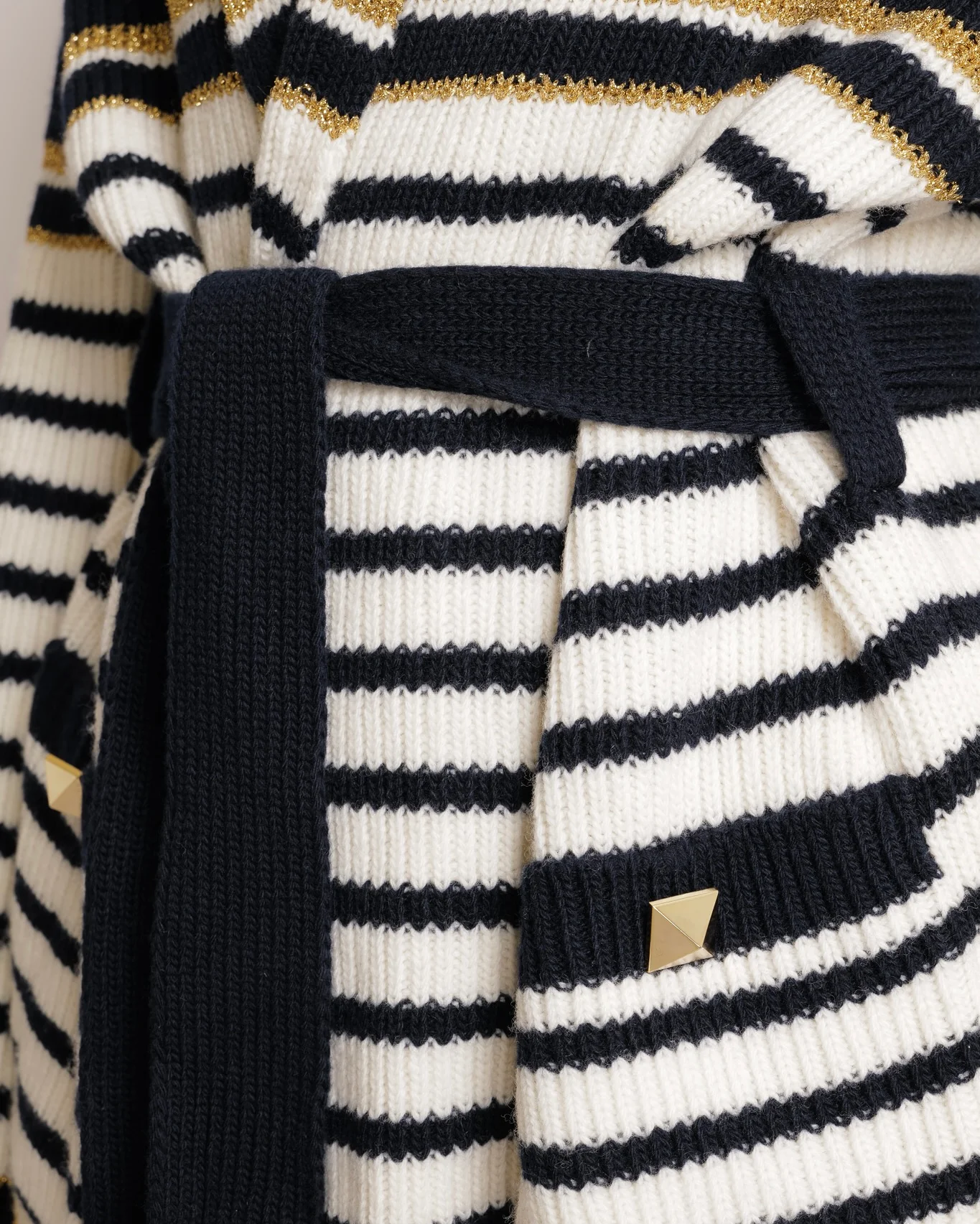 Valentino Navy and Cream Striped Wool Knitted Belted Cardigan with Shimmery Gold Details and Back Logo with Gold Buttons Size S (UK 8) RRP £2,450 - Image 3