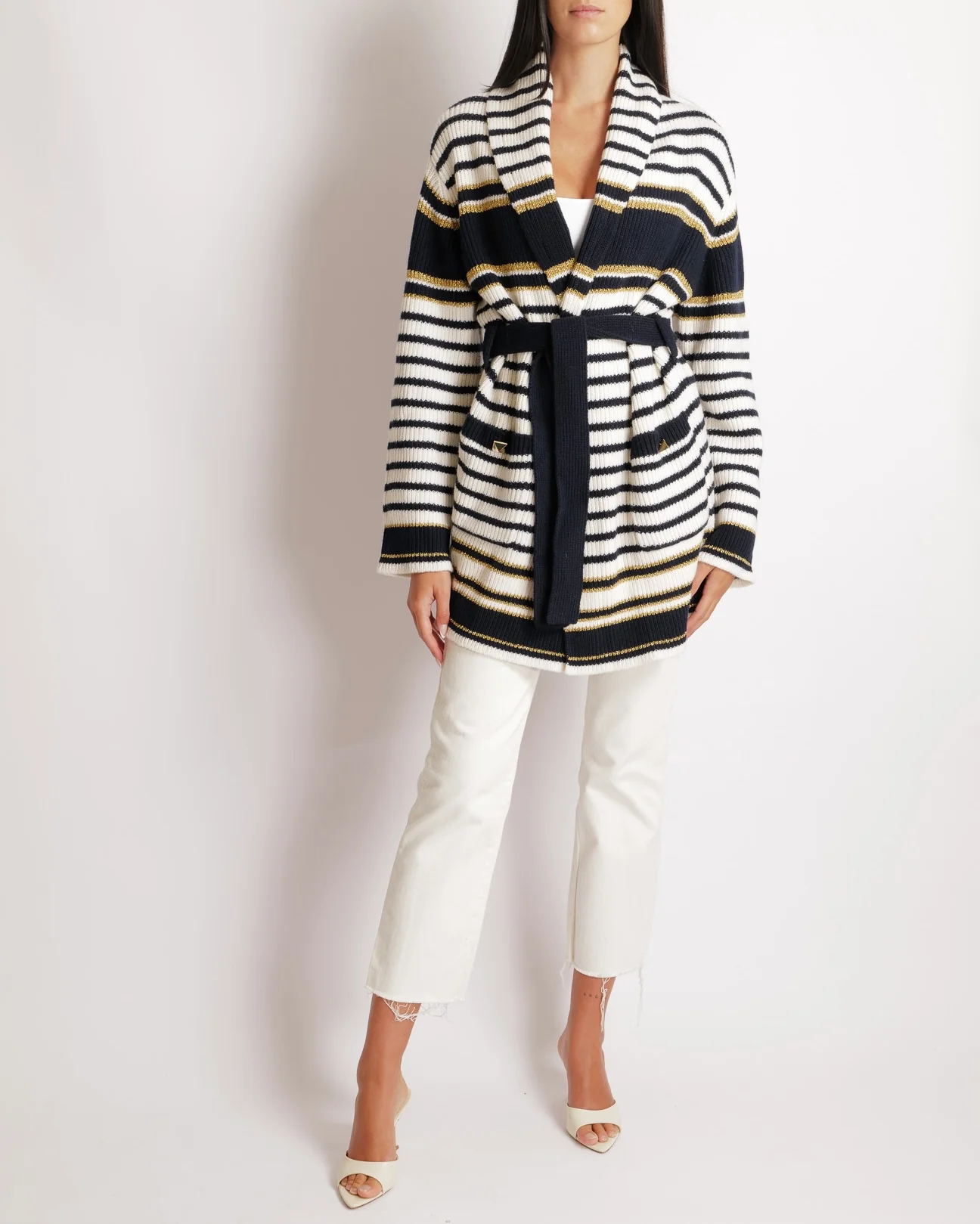 Valentino Navy and Cream Striped Wool Knitted Belted Cardigan with Shimmery Gold Details and Back Logo with Gold Buttons Size S (UK 8) RRP £2,450 - Image 4