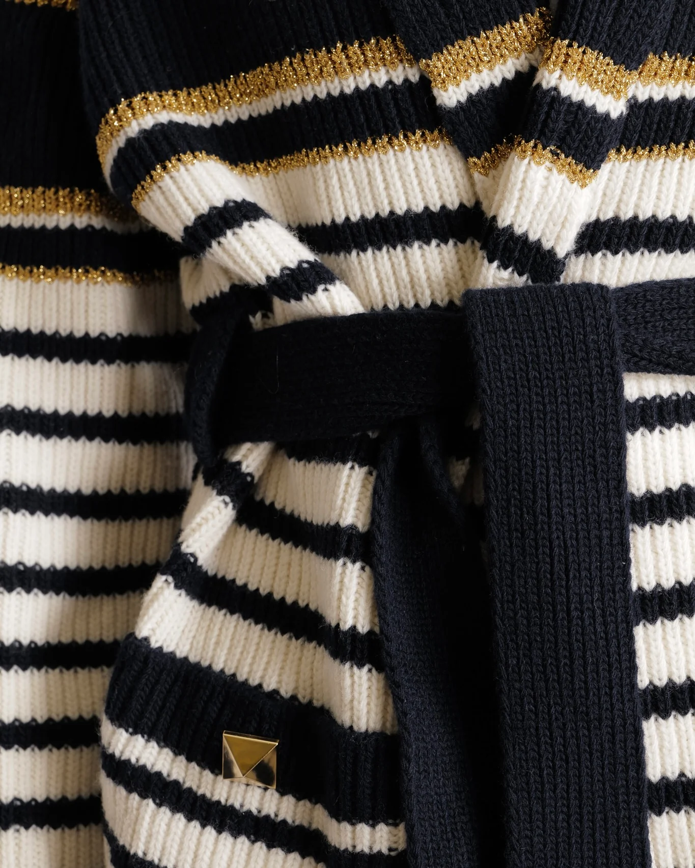 Valentino Navy and Cream Striped Wool Knitted Belted Cardigan with Shimmery Gold Details and Back Logo with Gold Buttons Size S (UK 8) RRP £2,450 - Image 5