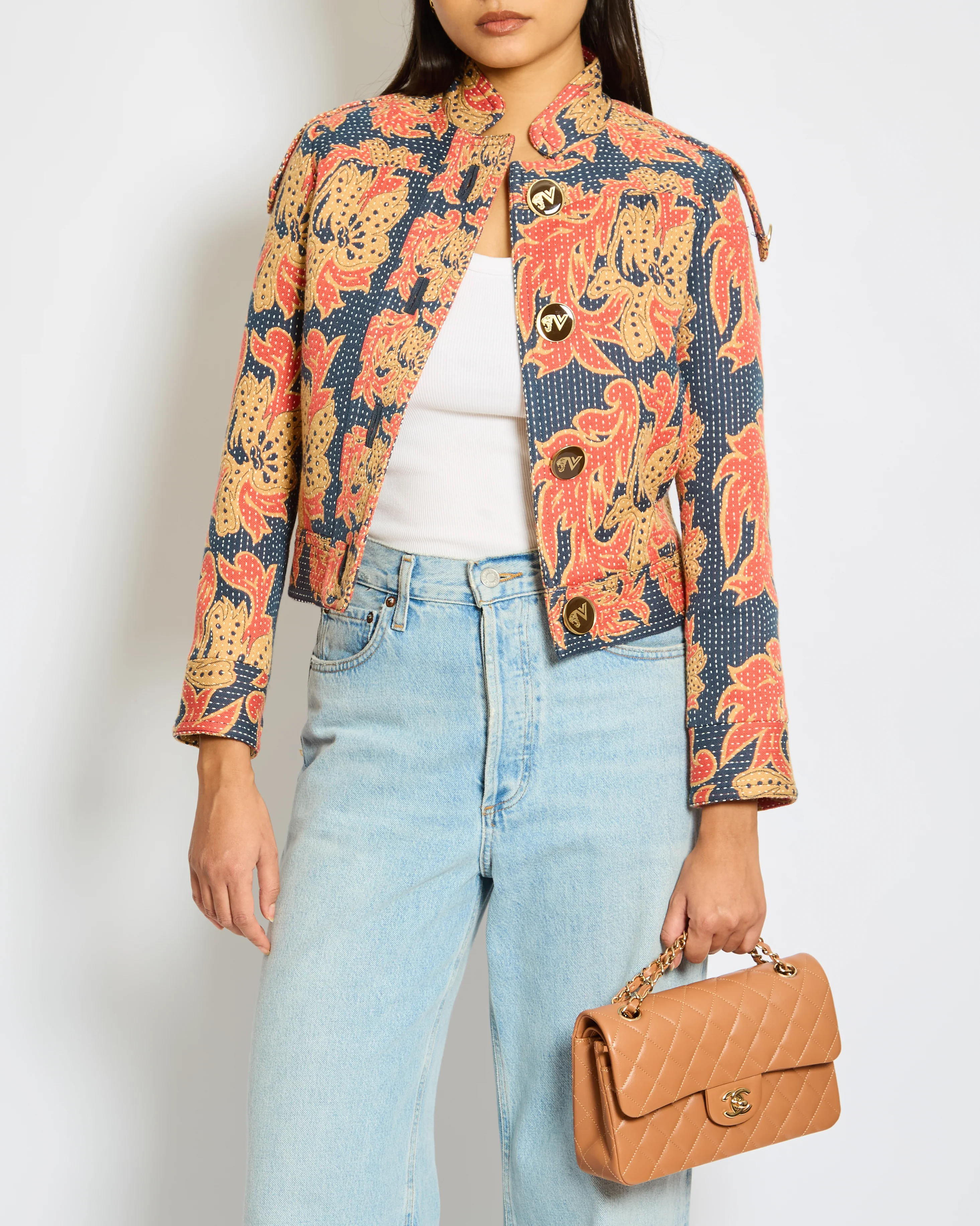 Valentino Navy, Coral Tan Caban In Apres L'Hiver Quilted Floral Jacquard Jacket Size IT 36 (UK 4) RRP £3250