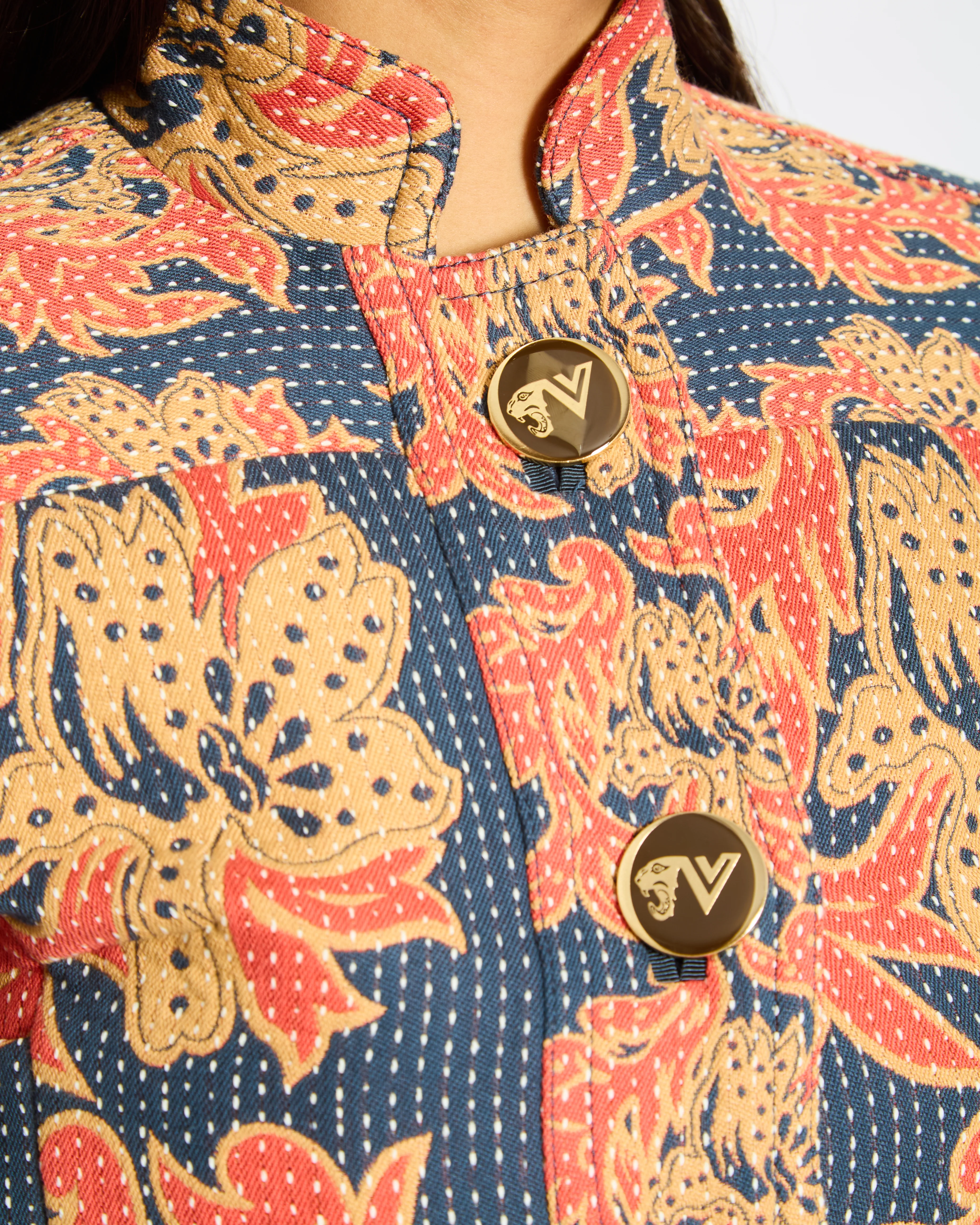 Valentino Navy, Coral Tan Caban In Apres L'Hiver Quilted Floral Jacquard Jacket Size IT 36 (UK 4) RRP £3250 - Image 2