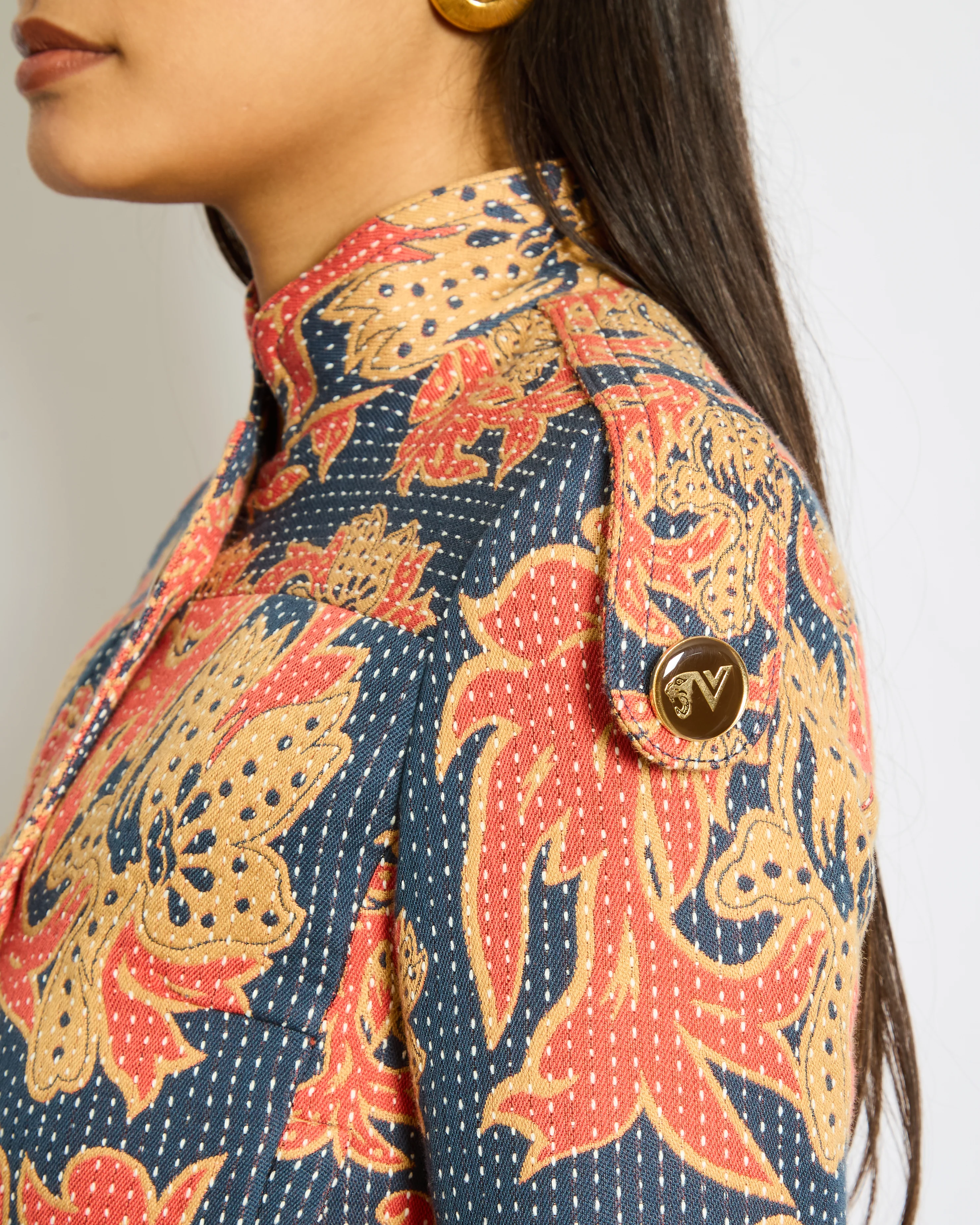 Valentino Navy, Coral Tan Caban In Apres L'Hiver Quilted Floral Jacquard Jacket Size IT 36 (UK 4) RRP £3250 - Image 3