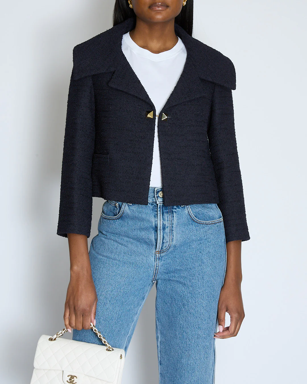 Valentino Navy Cropped Tweed Jacket with Rockstud Clasp Detail Size IT 38 (UK 6)