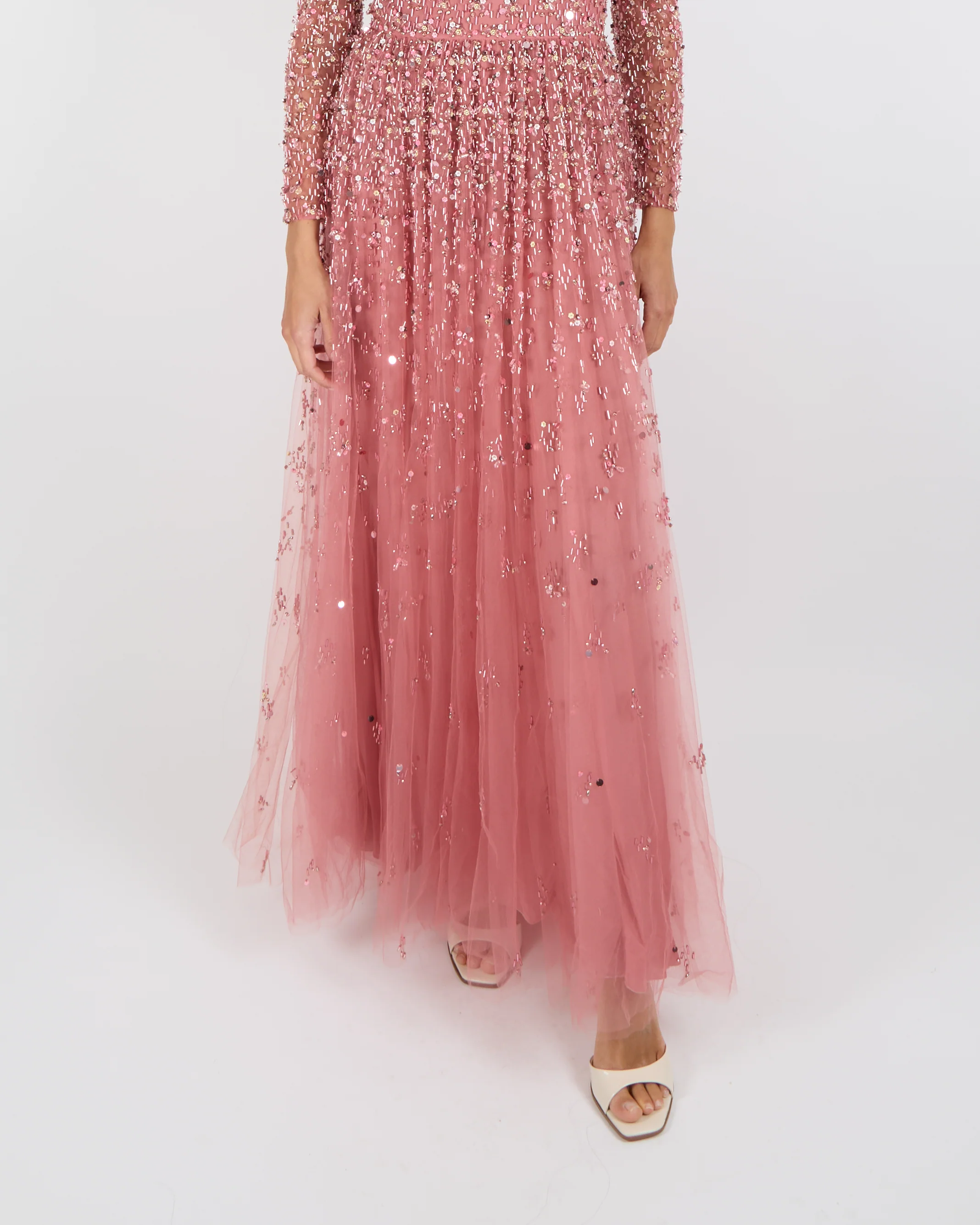 Valentino Pink Tulle Long Sleeved Gown with Crystal and Flower Embellishments Size IT 38 (UK 6) - Image 4