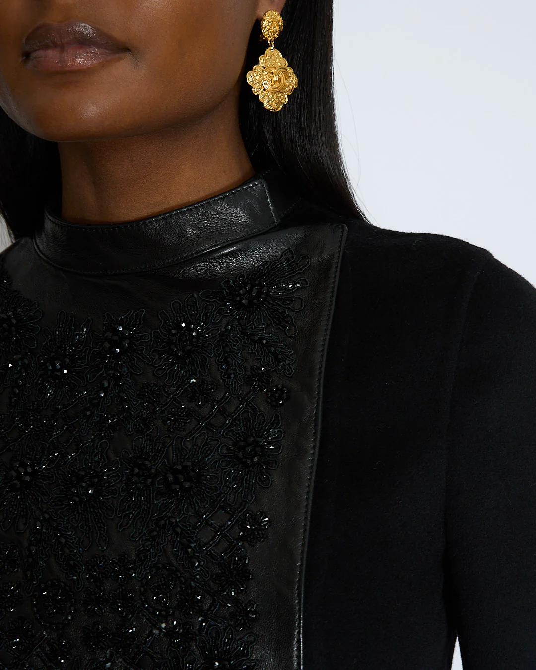 Valentino Black Wool Embellished Coat with Lambskin Leather Details Size IT 40 (UK 8) - Image 3