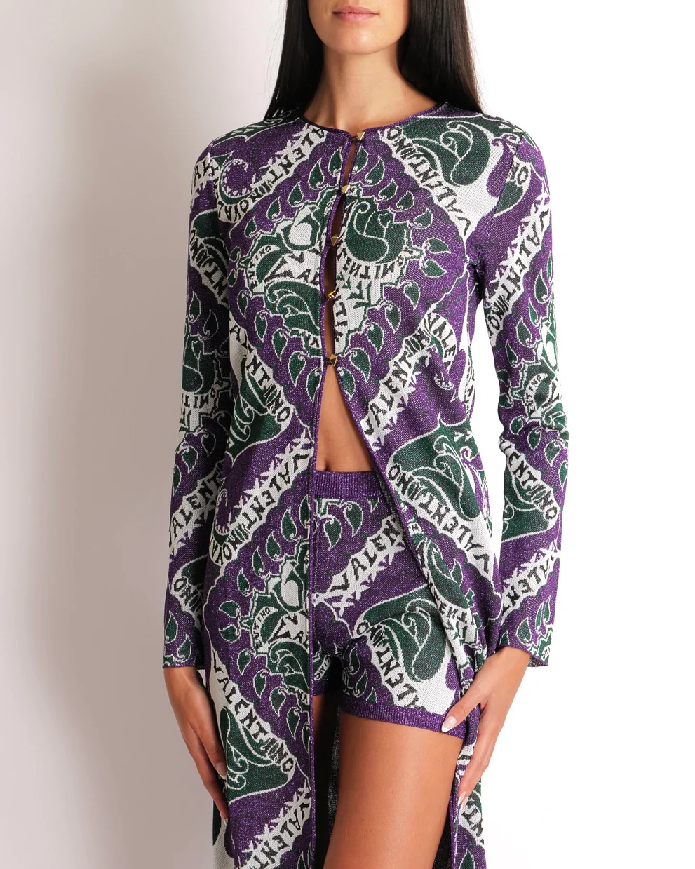 Valentino Purple, Green, and White Shimmery Long Cardigan and Shorts Set with Leaves and Logo Prints Size M (UK 10) RRP £3,650 - Image 2