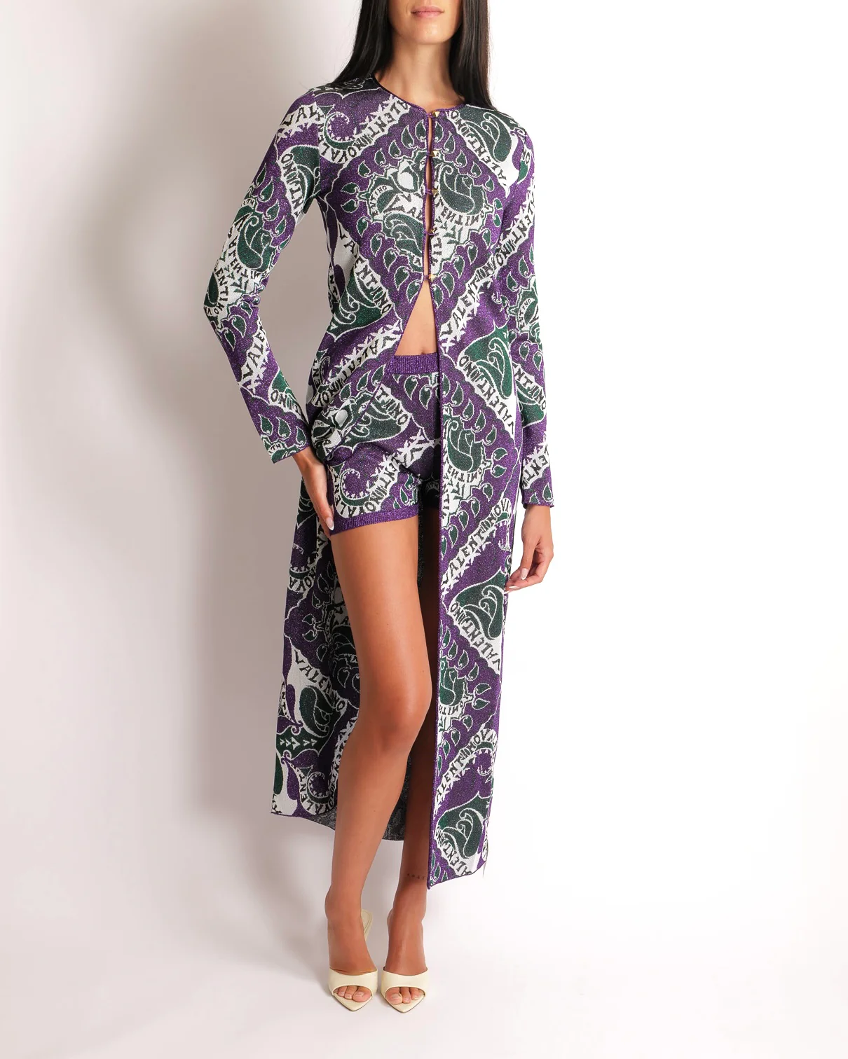 Valentino Purple, Green, and White Shimmery Long Cardigan and Shorts Set with Leaves and Logo Prints Size M (UK 10) RRP £3,650 - Image 4