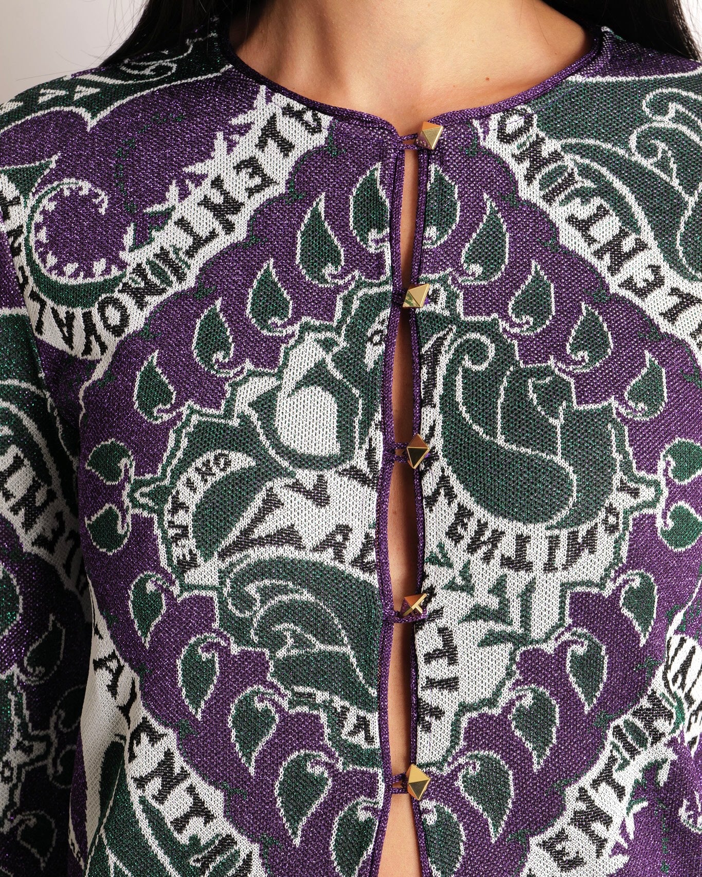 Valentino Purple, Green, and White Shimmery Long Cardigan and Shorts Set with Leaves and Logo Prints Size M (UK 10) RRP £3,650 - Image 6
