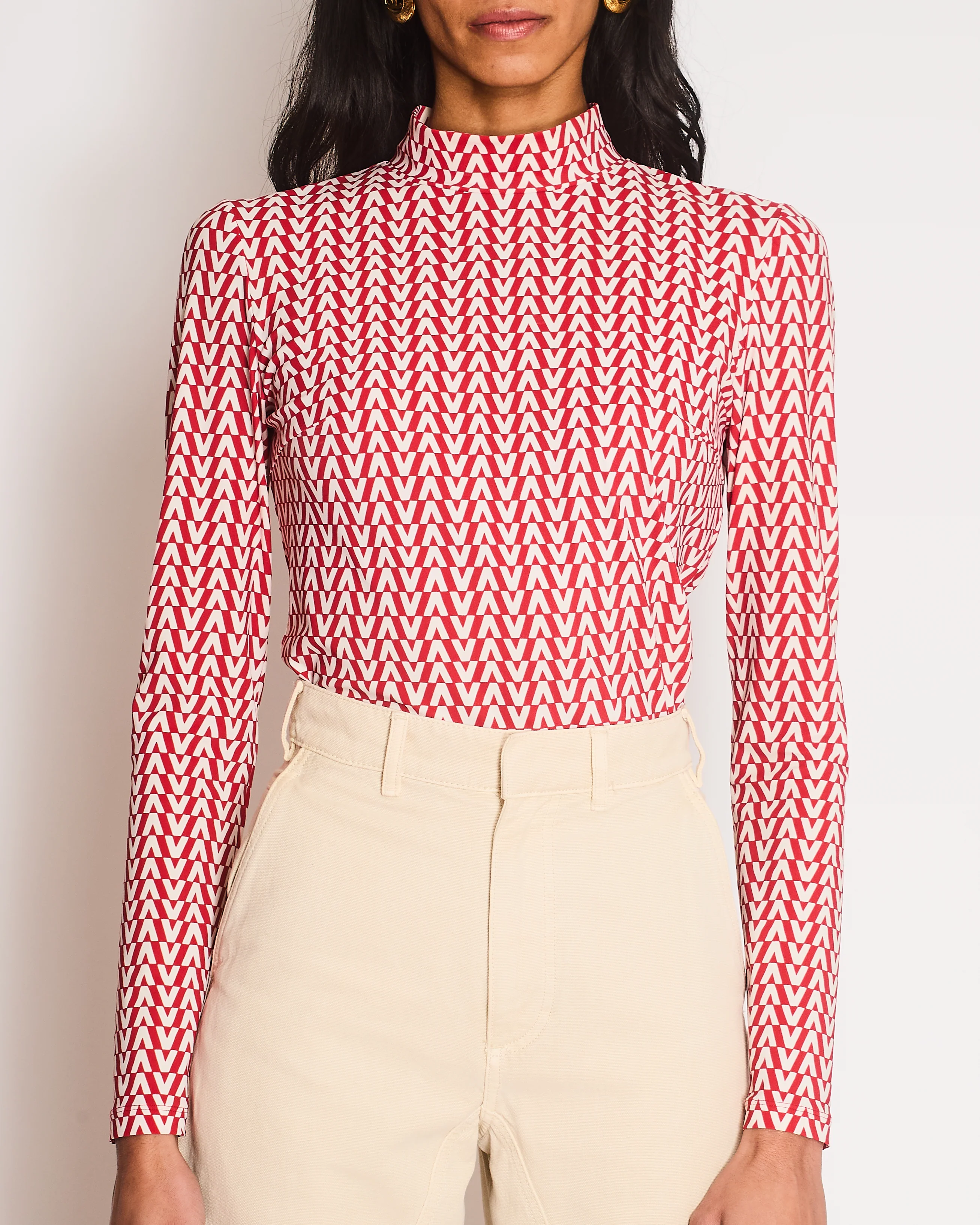 Valentino Red and Cream Logo Print High Neck Long Sleeve Top Size UK 8