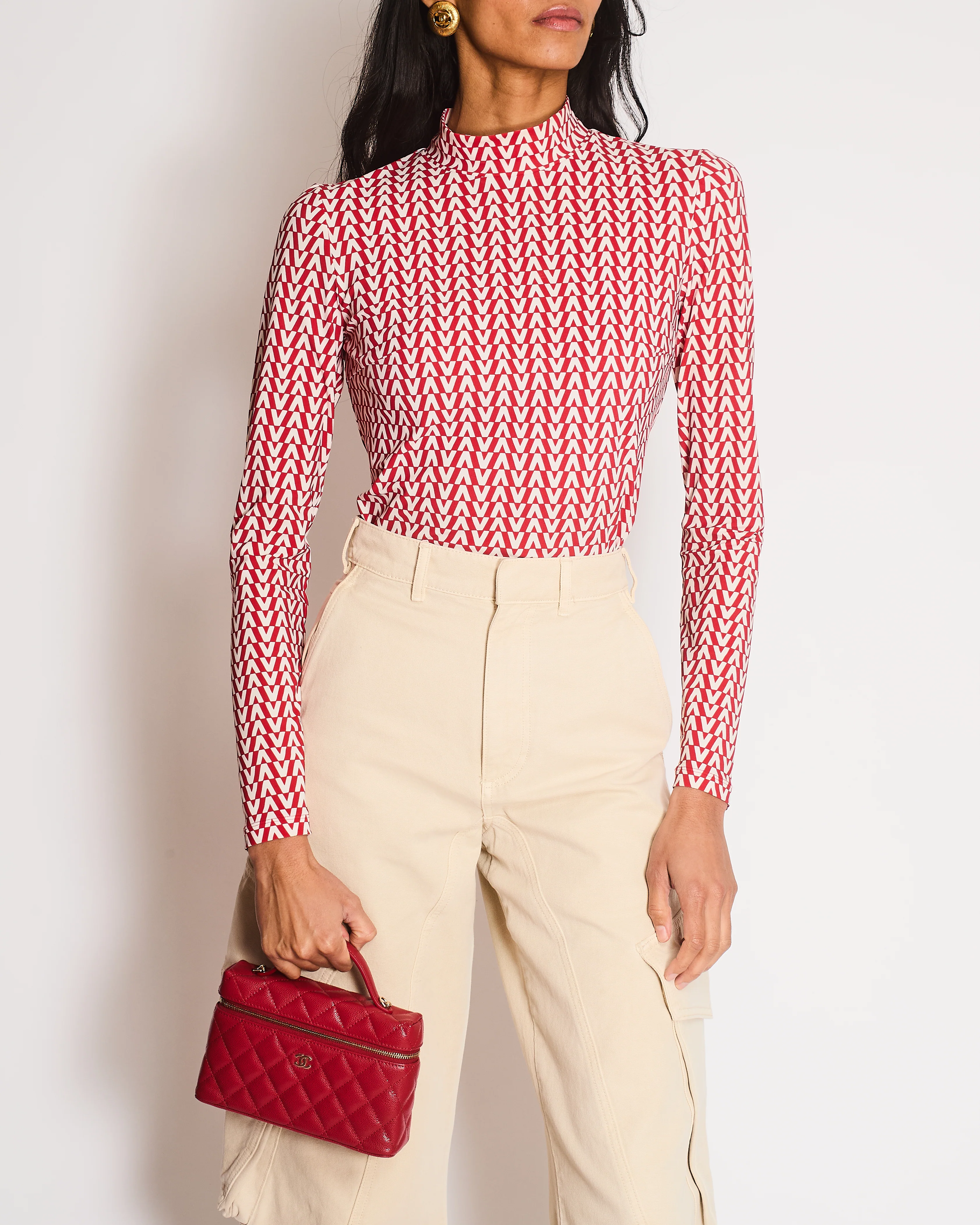 Valentino Red and Cream Logo Print High Neck Long Sleeve Top Size UK 8 - Image 2