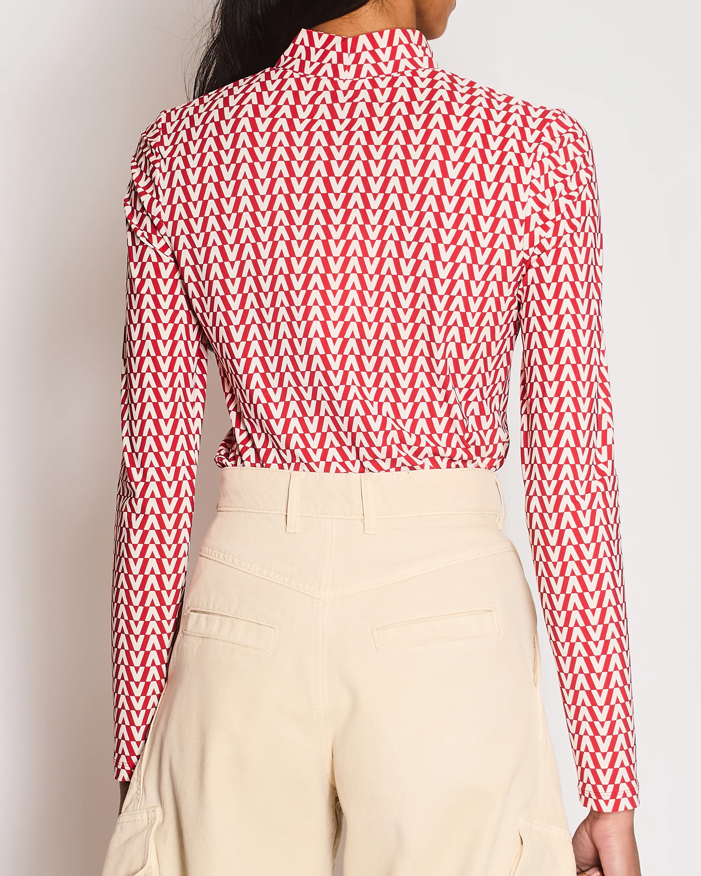 Valentino Red and Cream Logo Print High Neck Long Sleeve Top Size UK 8 - Image 5