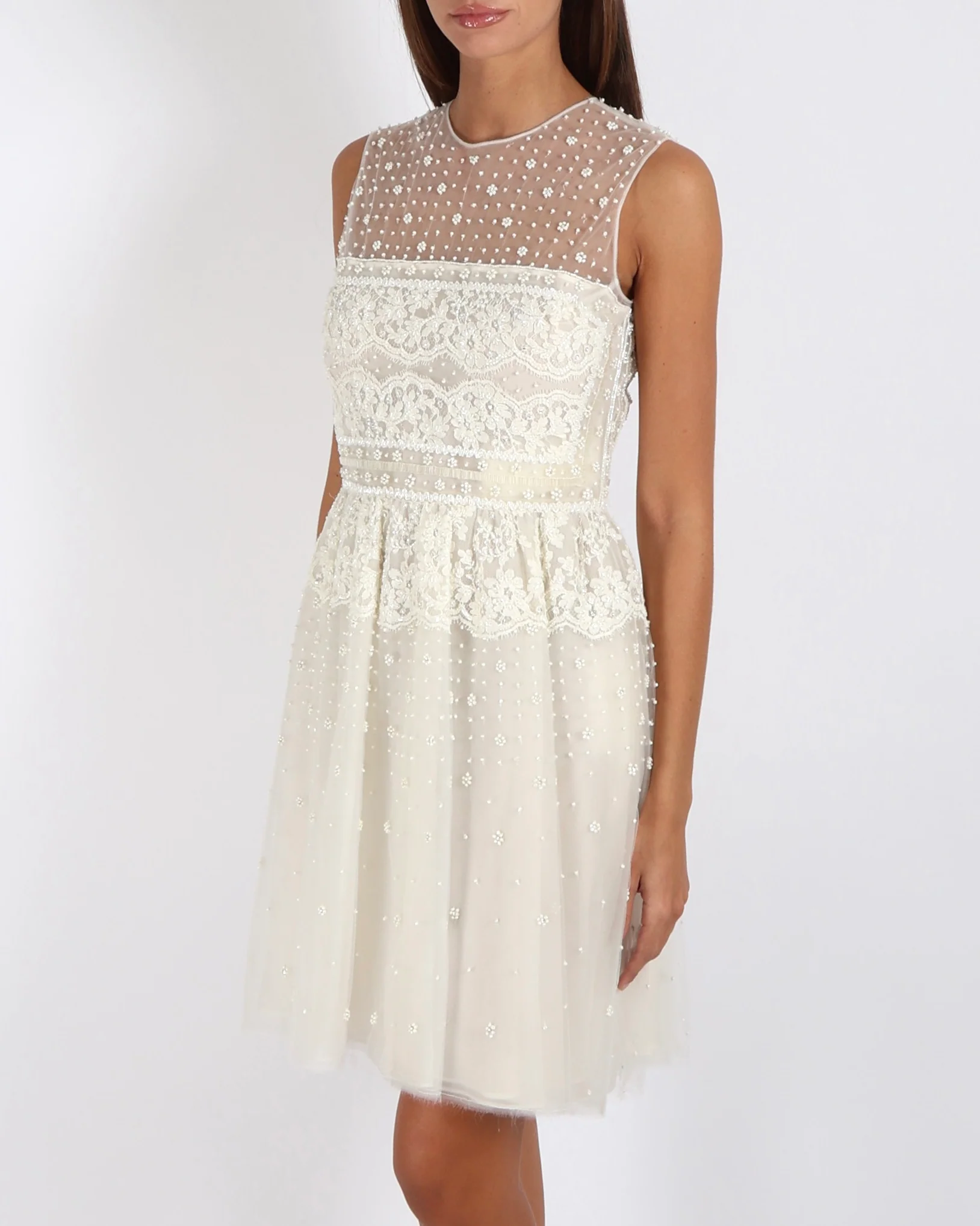 Valentino Spring 2012 Couture White Tulle Sleeveless Mini Dress with White Bead Embellishments and Lace Details Size IT 42 (UK 10) - Image 4