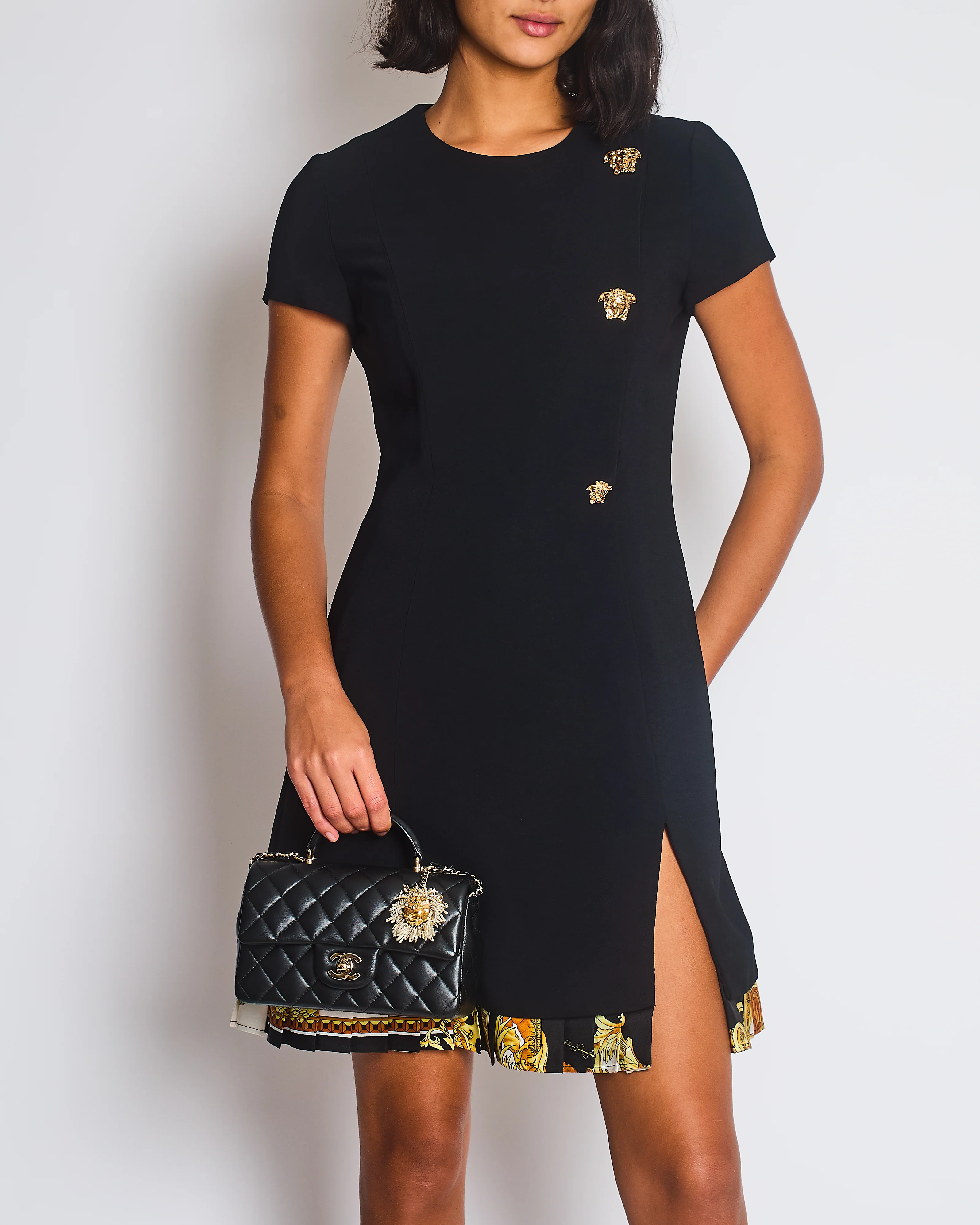 Versace Black Mini Short Sleeve Dress With Slit And Gold Medusa Details Size IT 40 (UK 8) - Image 3