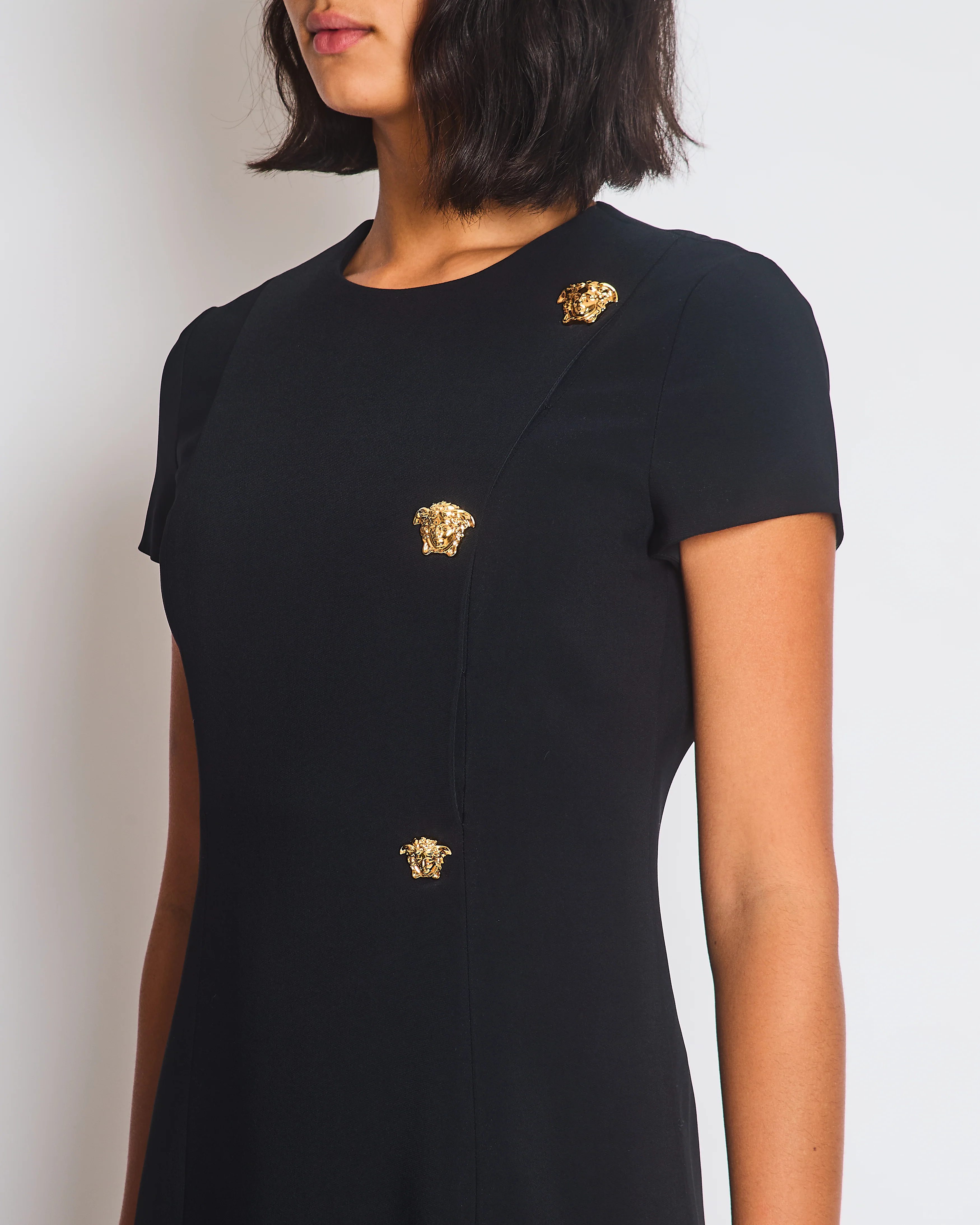 Versace Black Mini Short Sleeve Dress With Slit And Gold Medusa Details Size IT 40 (UK 8) - Image 4