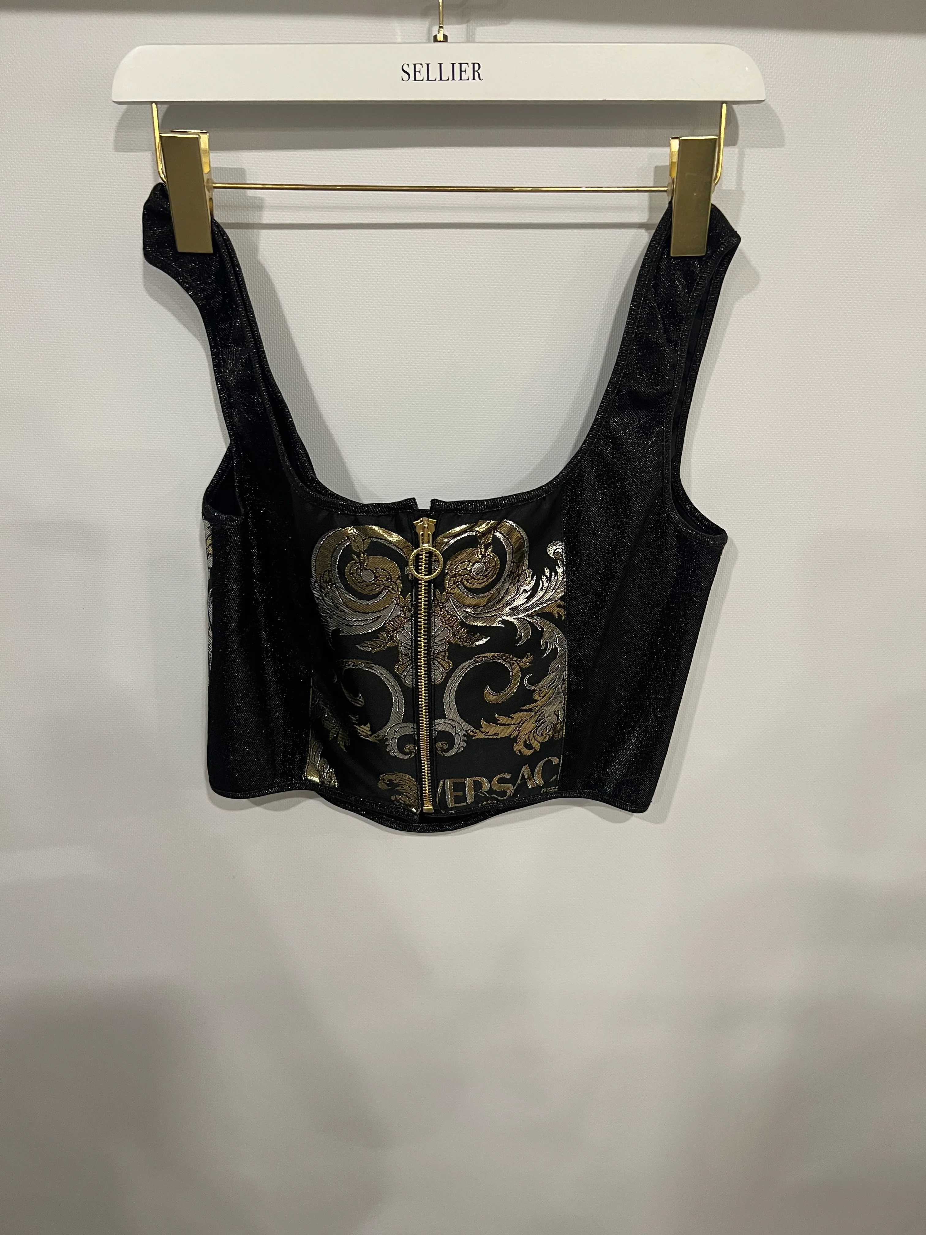 Versace Black Shimmery Corset Crop Top with Gold and Silver Metallic Baroque Prints and Gold Zipper Detail Size IT 44 (UK 12) - Image 6