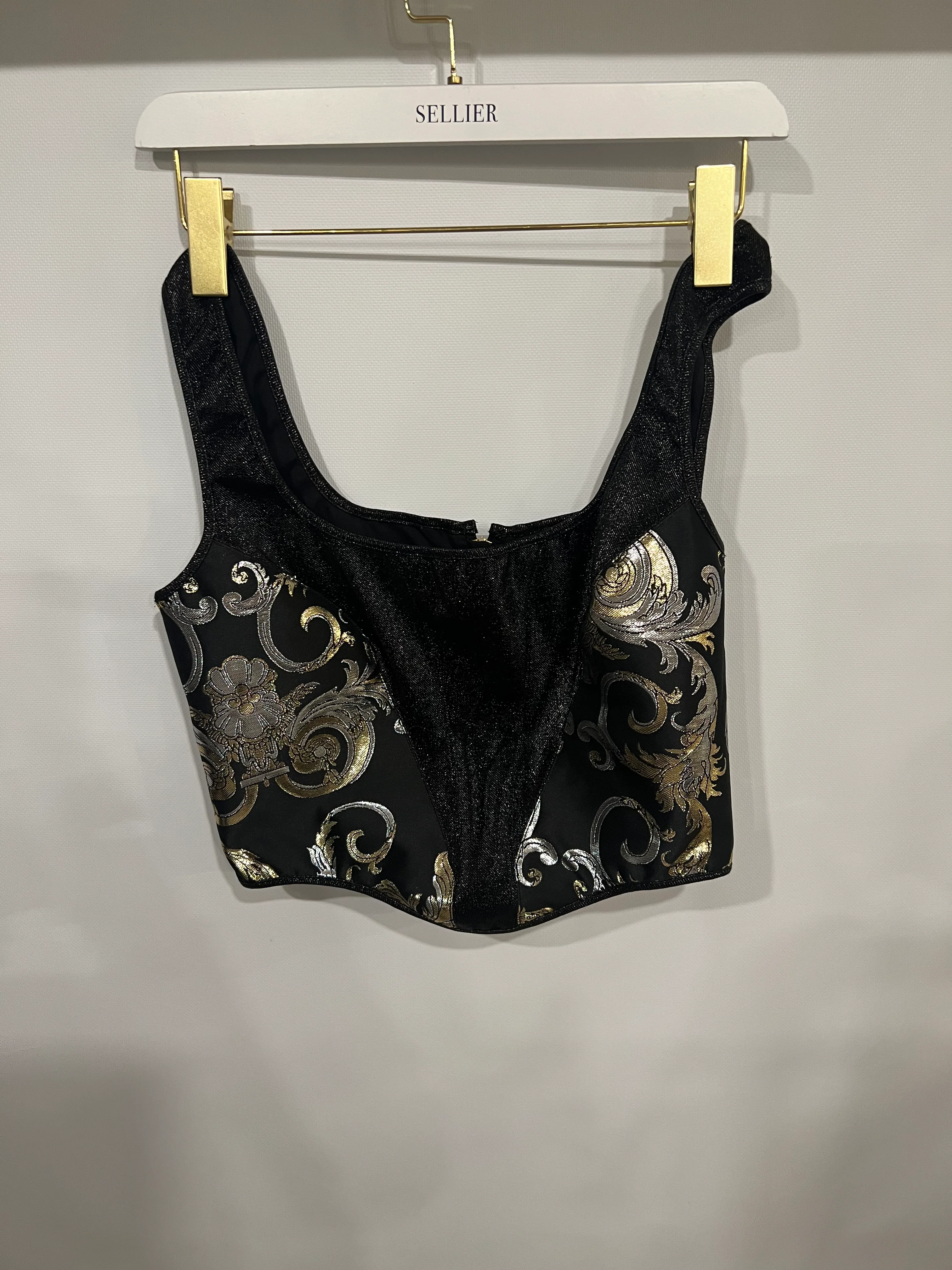 Versace Black Shimmery Corset Crop Top with Gold and Silver Metallic Baroque Prints and Gold Zipper Detail Size IT 44 (UK 12) - Image 7
