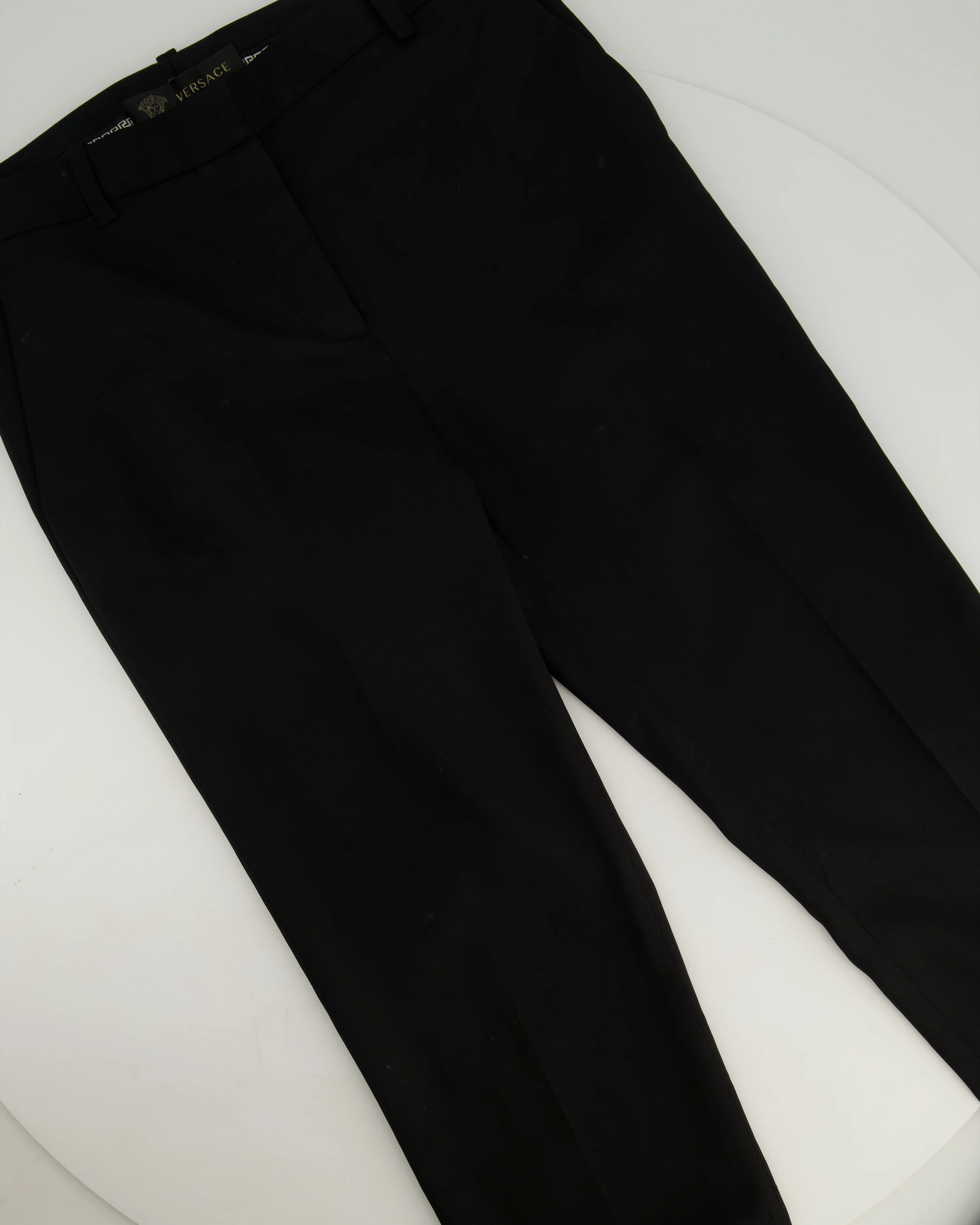 Versace Black Tailored Trousers with Gold Medusa Safety Pin Details Size IT 38 (UK 6)