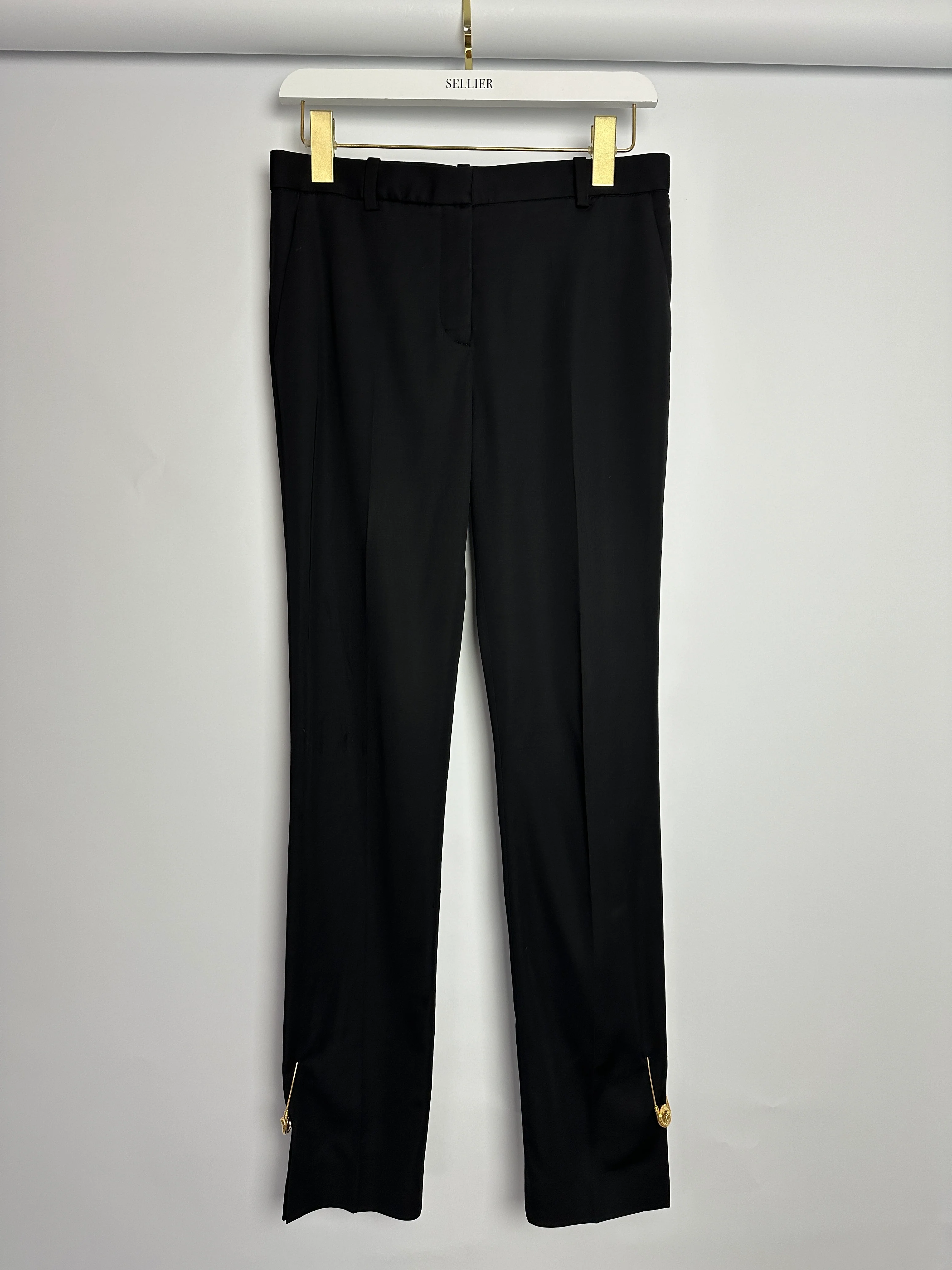 Versace Black Tailored Trousers with Gold Medusa Safety Pin Details Size IT 38 (UK 6) - Image 4