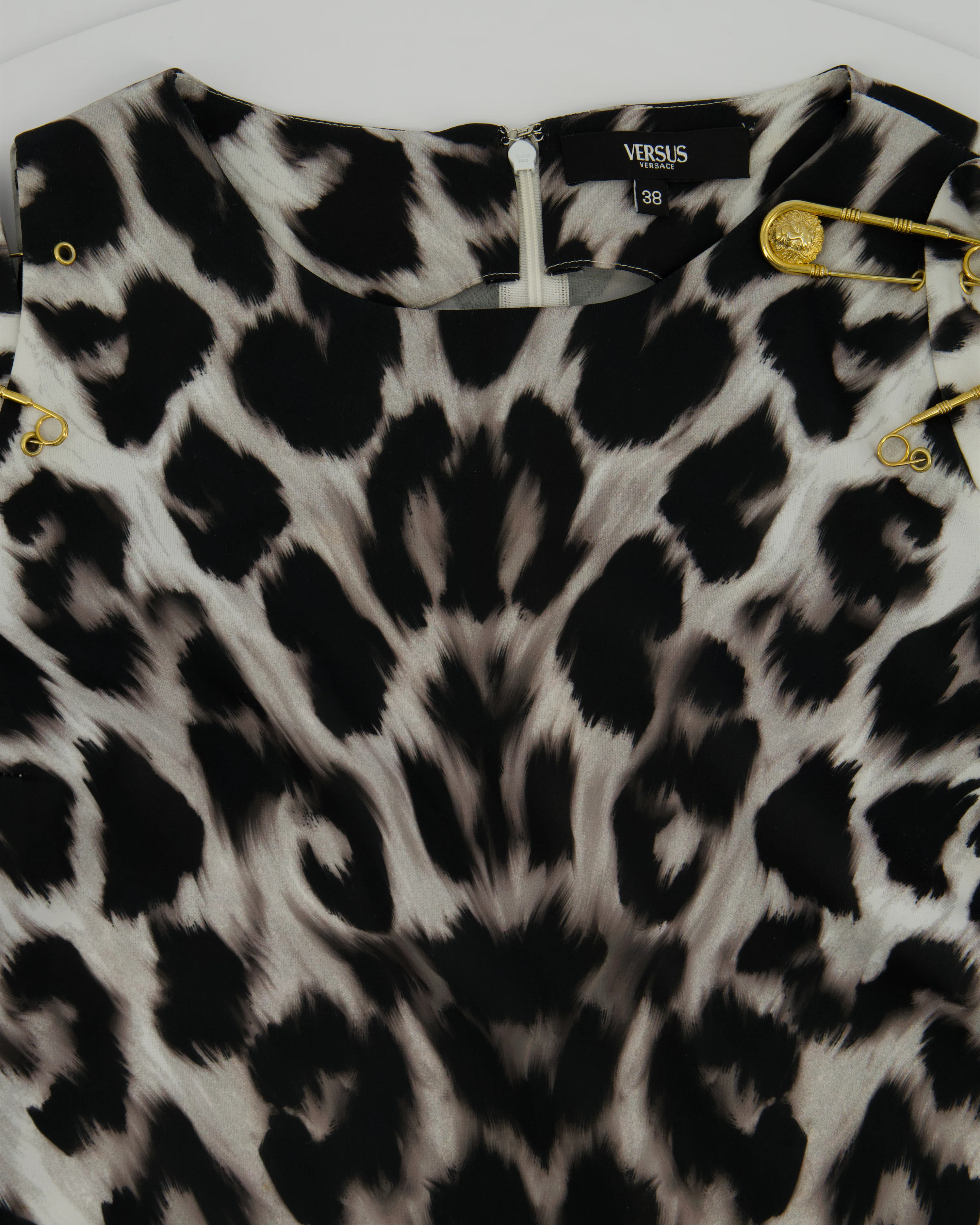 Versus Versace Black, White Leopard Print Dress with Gold Pin Detail Size IT 38 (UK 6) - Image 3