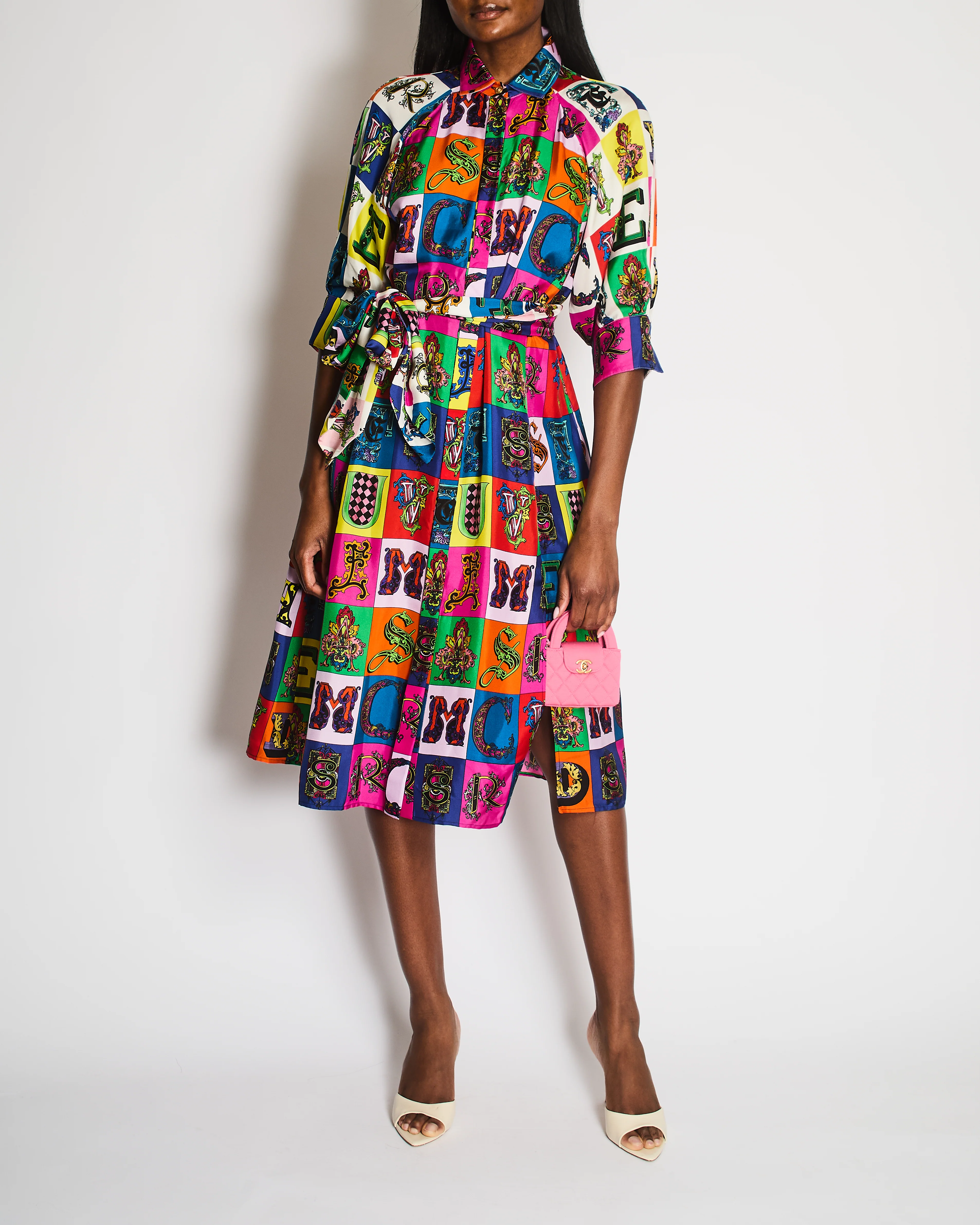 Versace Multi-Colour Silk Alphabet Print Midi Dress with Belt Size IT 46 (UK 14)