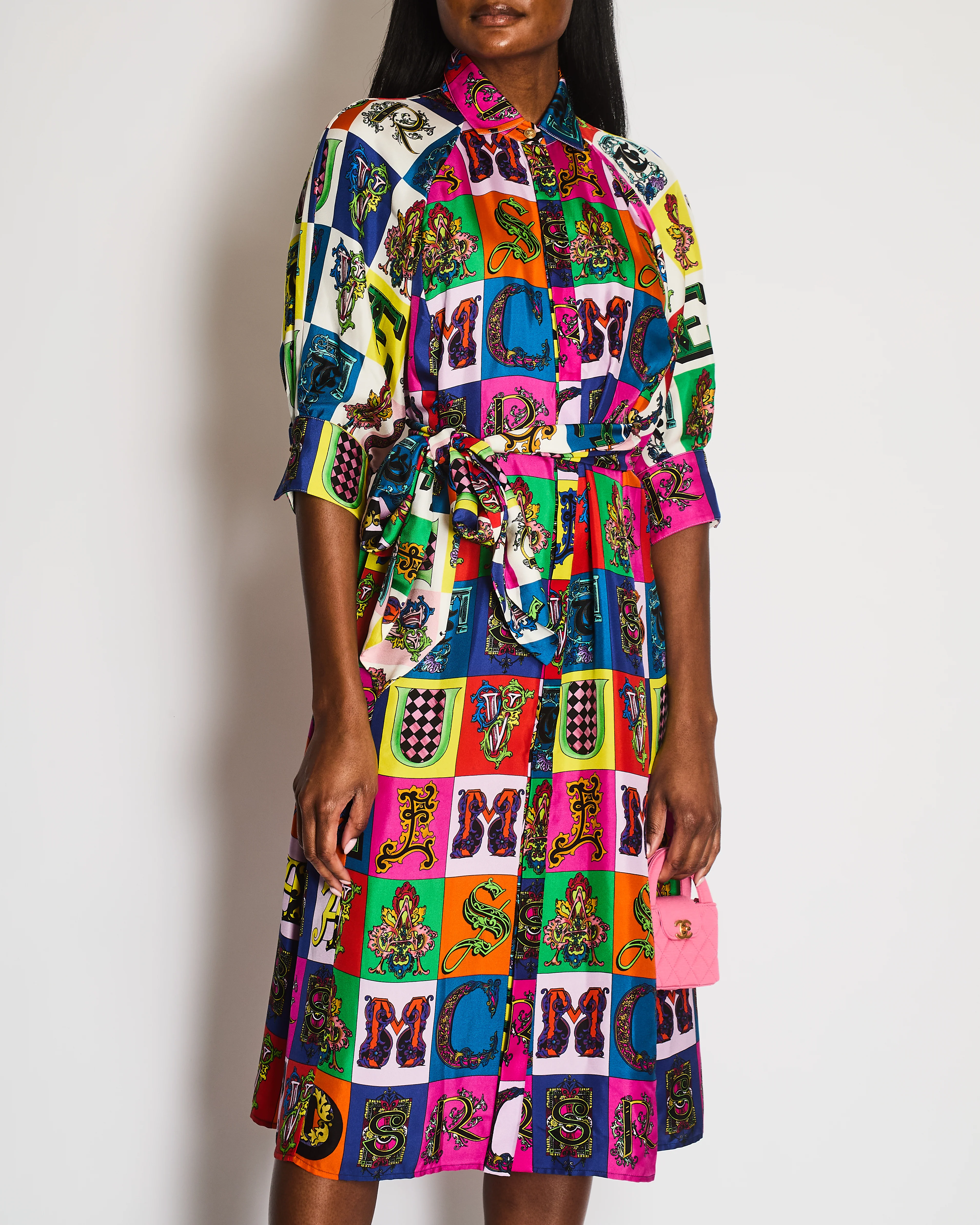 Versace Multi-Colour Silk Alphabet Print Midi Dress with Belt Size IT 46 (UK 14) - Image 2