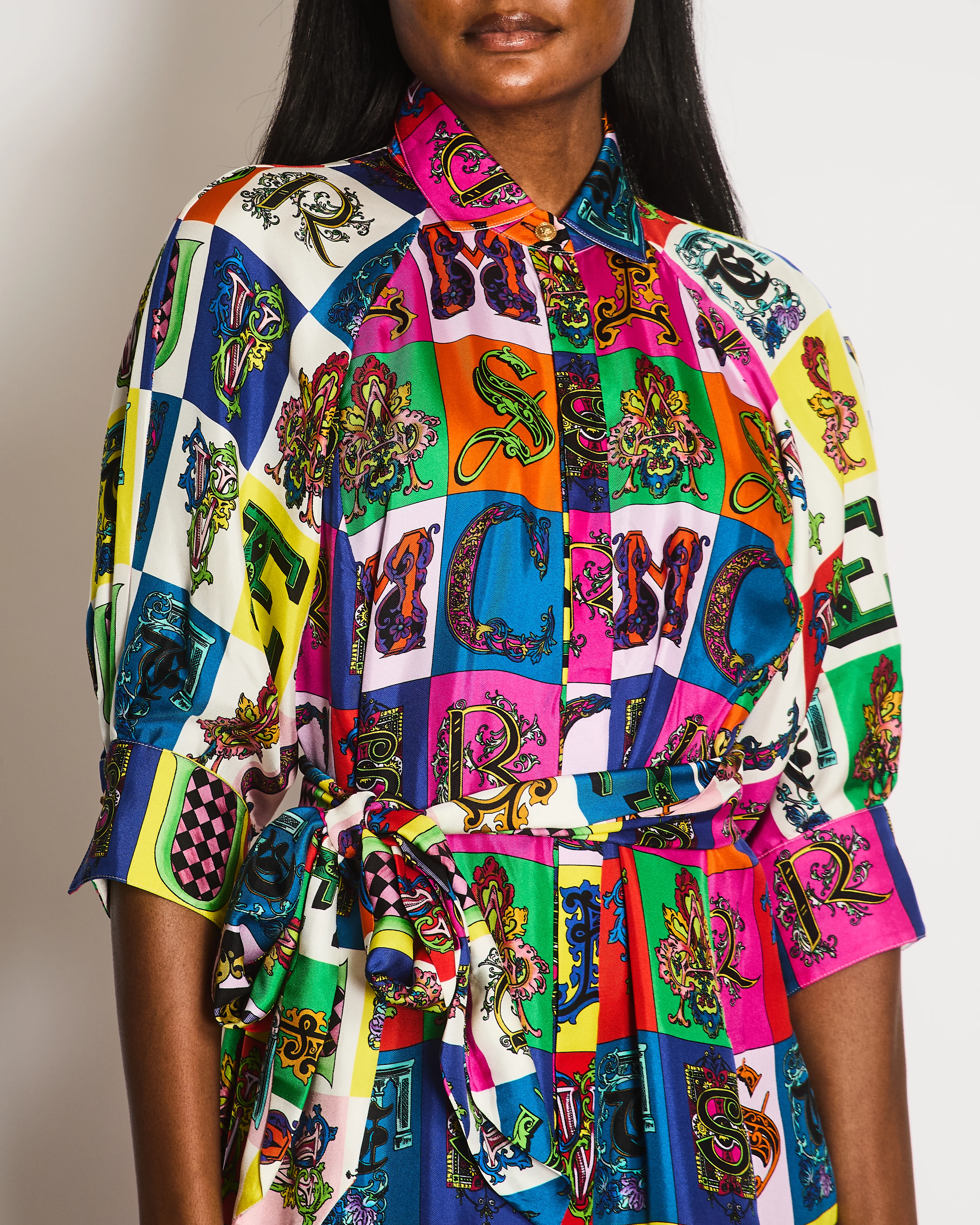 Versace Multi-Colour Silk Alphabet Print Midi Dress with Belt Size IT 46 (UK 14) - Image 3