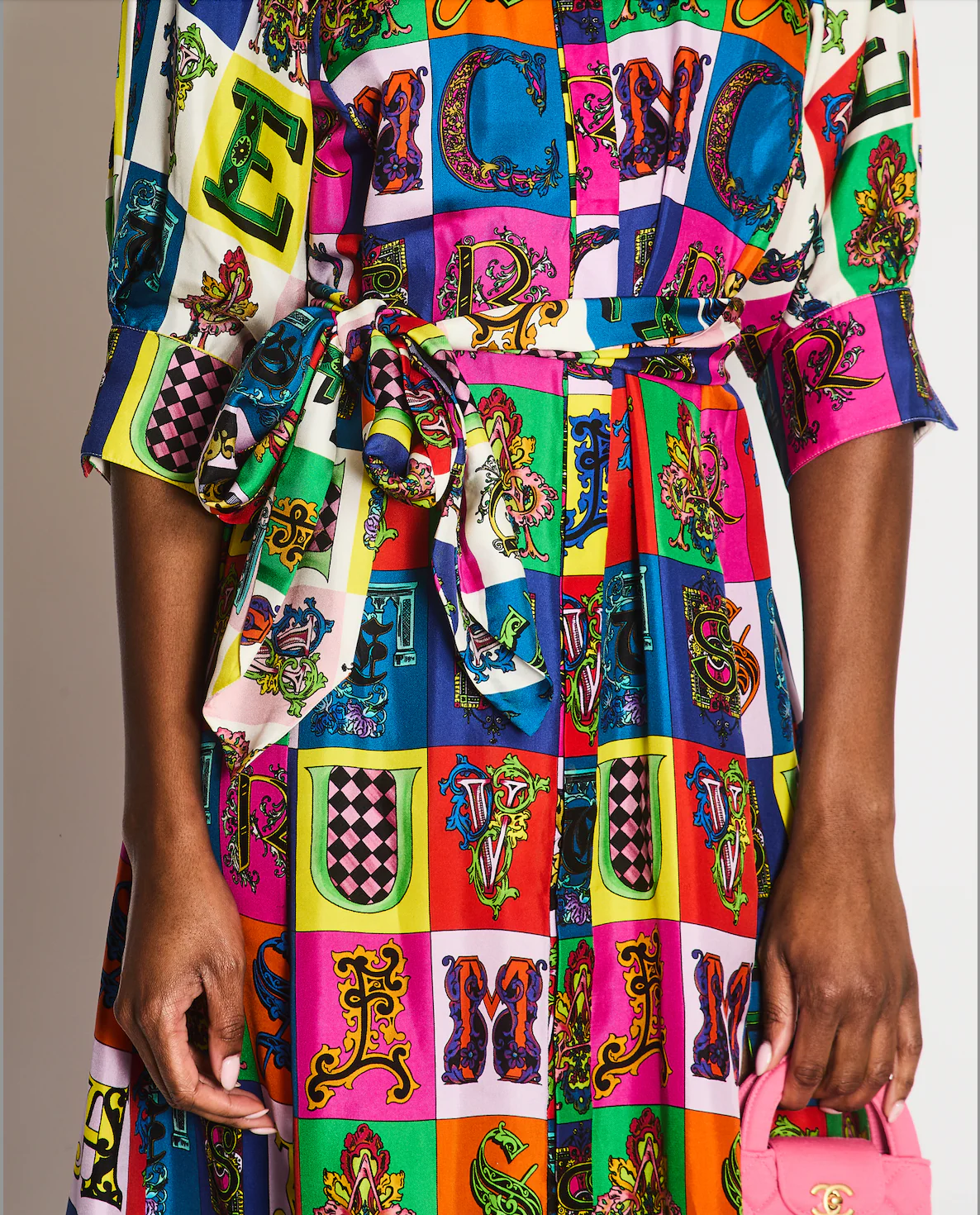 Versace Multi-Colour Silk Alphabet Print Midi Dress with Belt Size IT 46 (UK 14) - Image 4