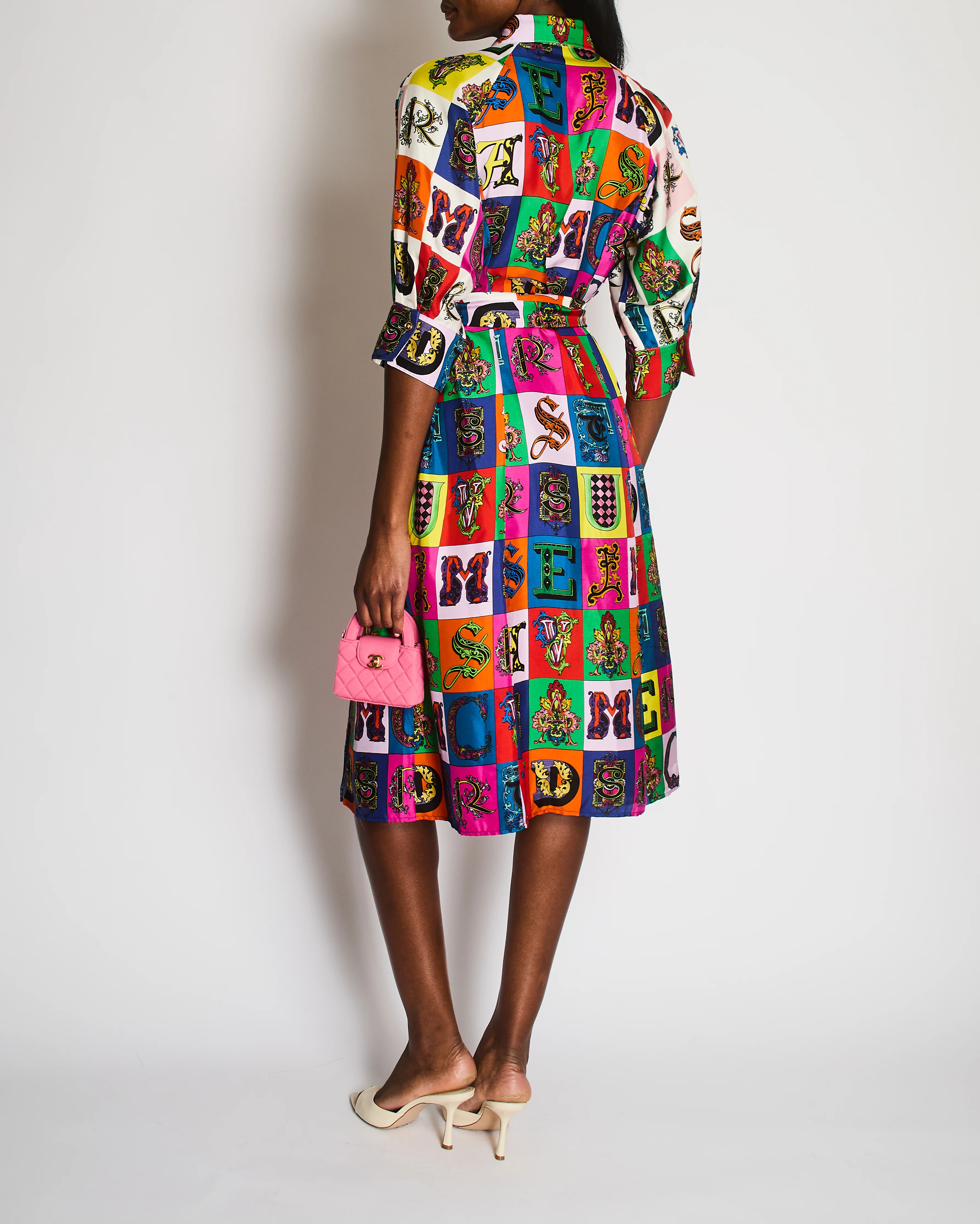 Versace Multi-Colour Silk Alphabet Print Midi Dress with Belt Size IT 46 (UK 14) - Image 5