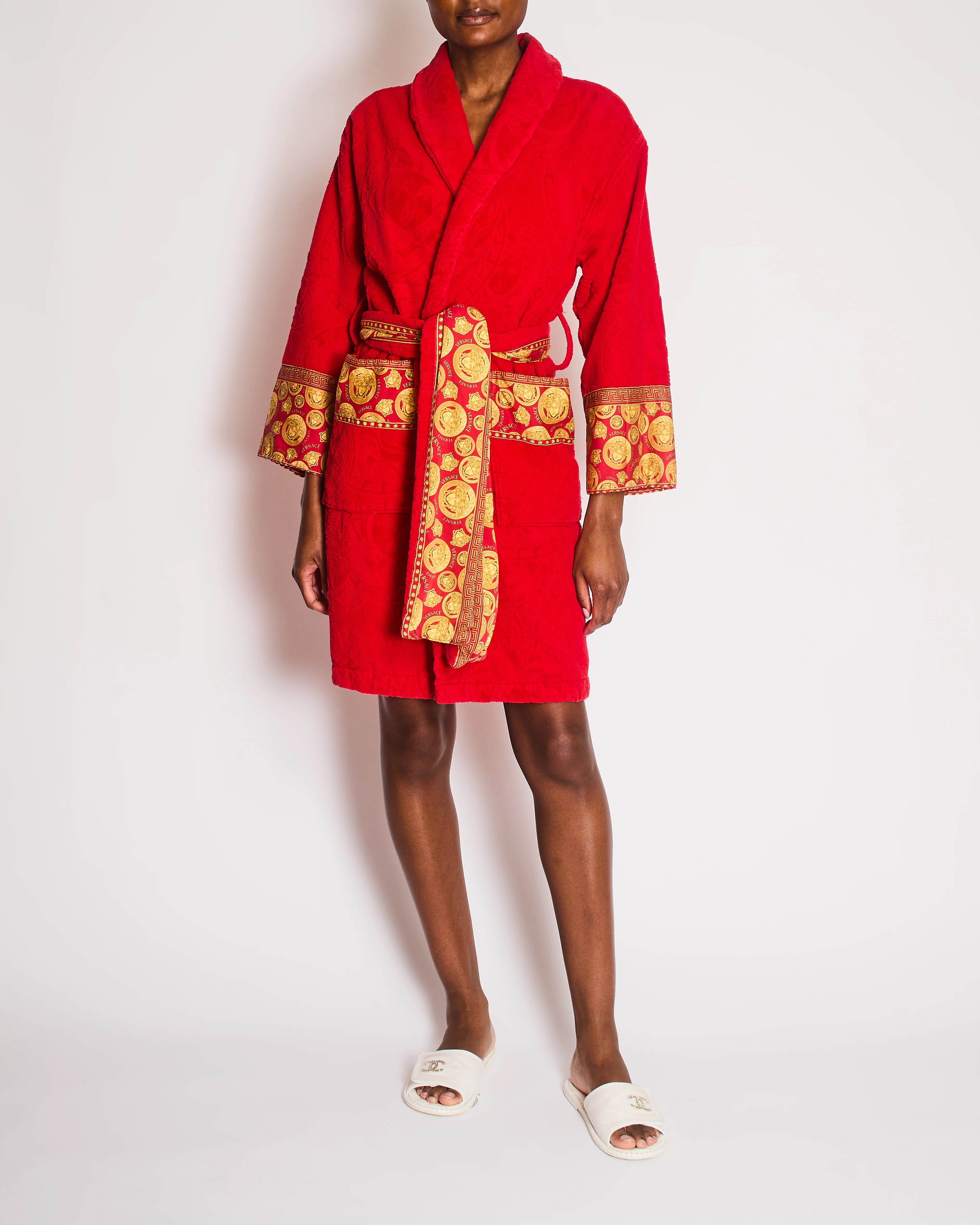 Versace Red Medusa Bath Robe with Pocket Detail Size UK 8