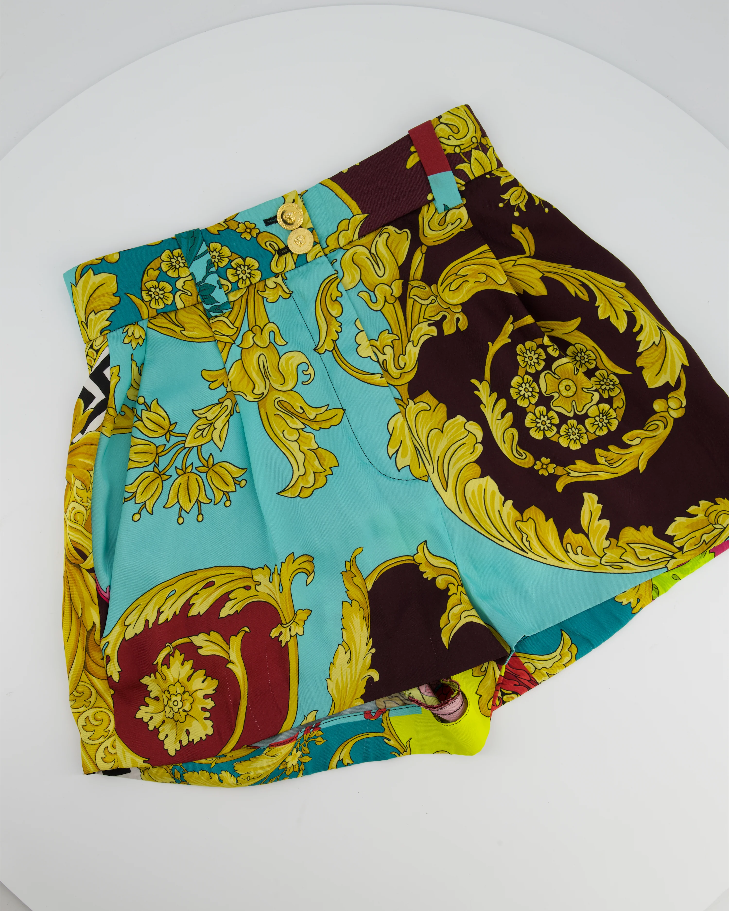 Versace Yellow, Black, Brown Medusa Pattern Bustier and Shorts Set with Lace & Gold Button Details Size IT 36/40 (UK 4/8) - Image 10