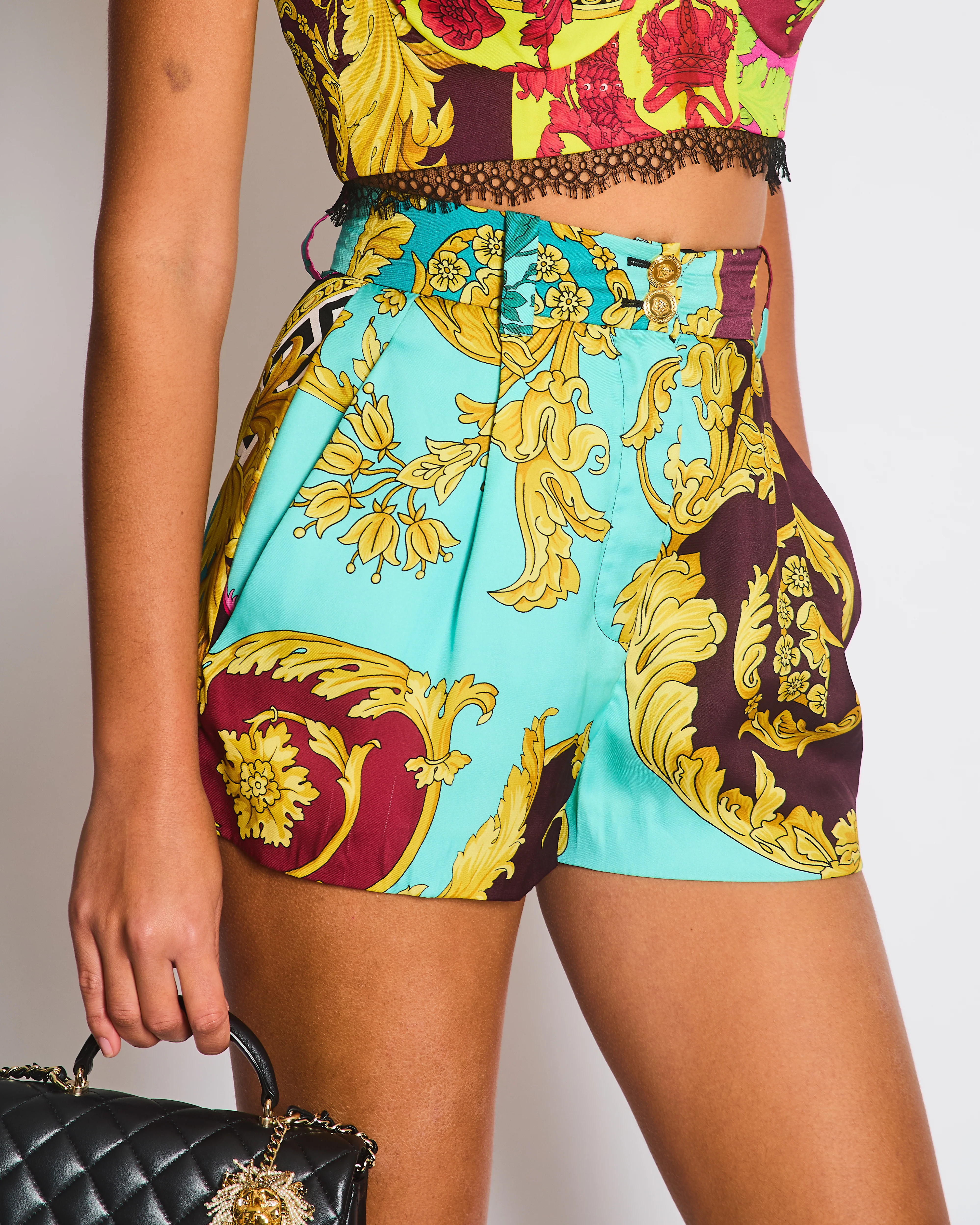 Versace Yellow, Black, Brown Medusa Pattern Bustier and Shorts Set with Lace & Gold Button Details Size IT 36/40 (UK 4/8) - Image 6