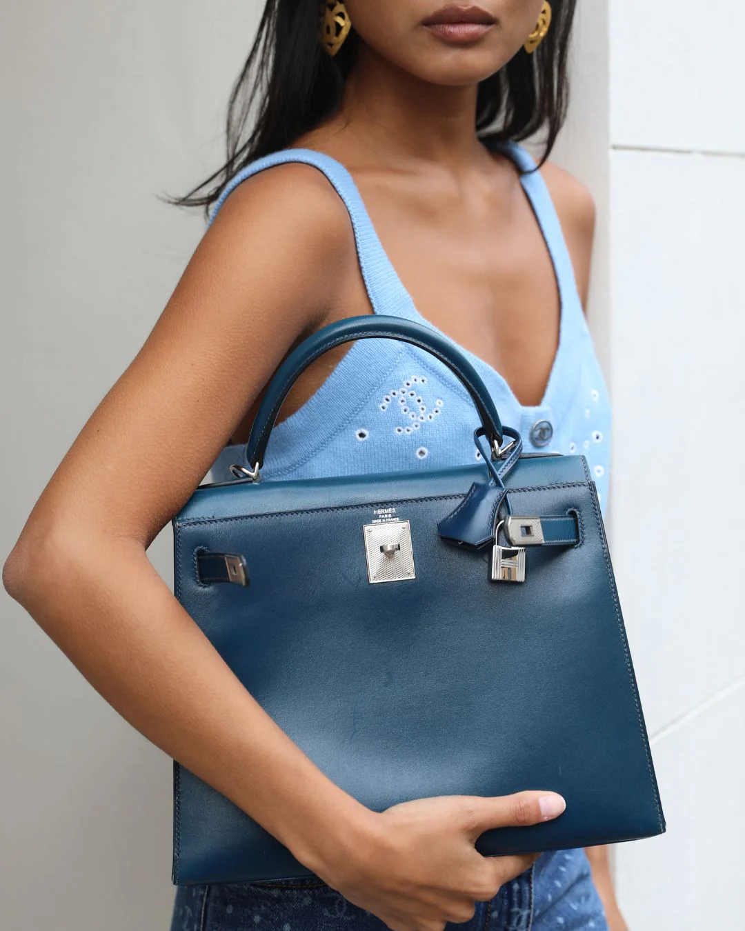 *VERY RARE* Hermès Kelly 28 Sellier Bag in Bleu De Prusse Box Calf Leather with Guilloche Palladium Hardware