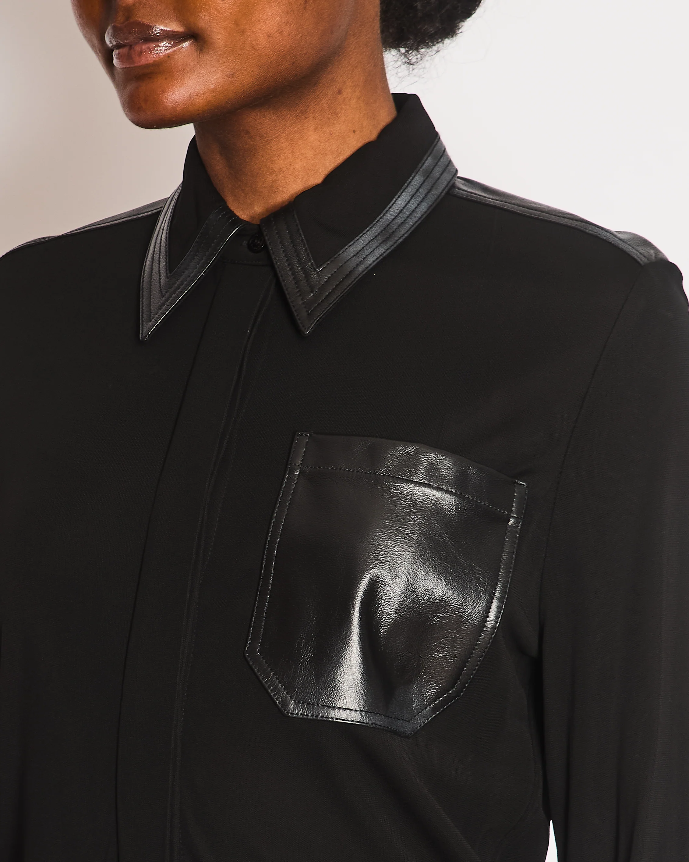Victoria Beckham Black Long Sleeve Button Down Shirt with Leather Collar and Pocket Details Size UK 8 - Image 3