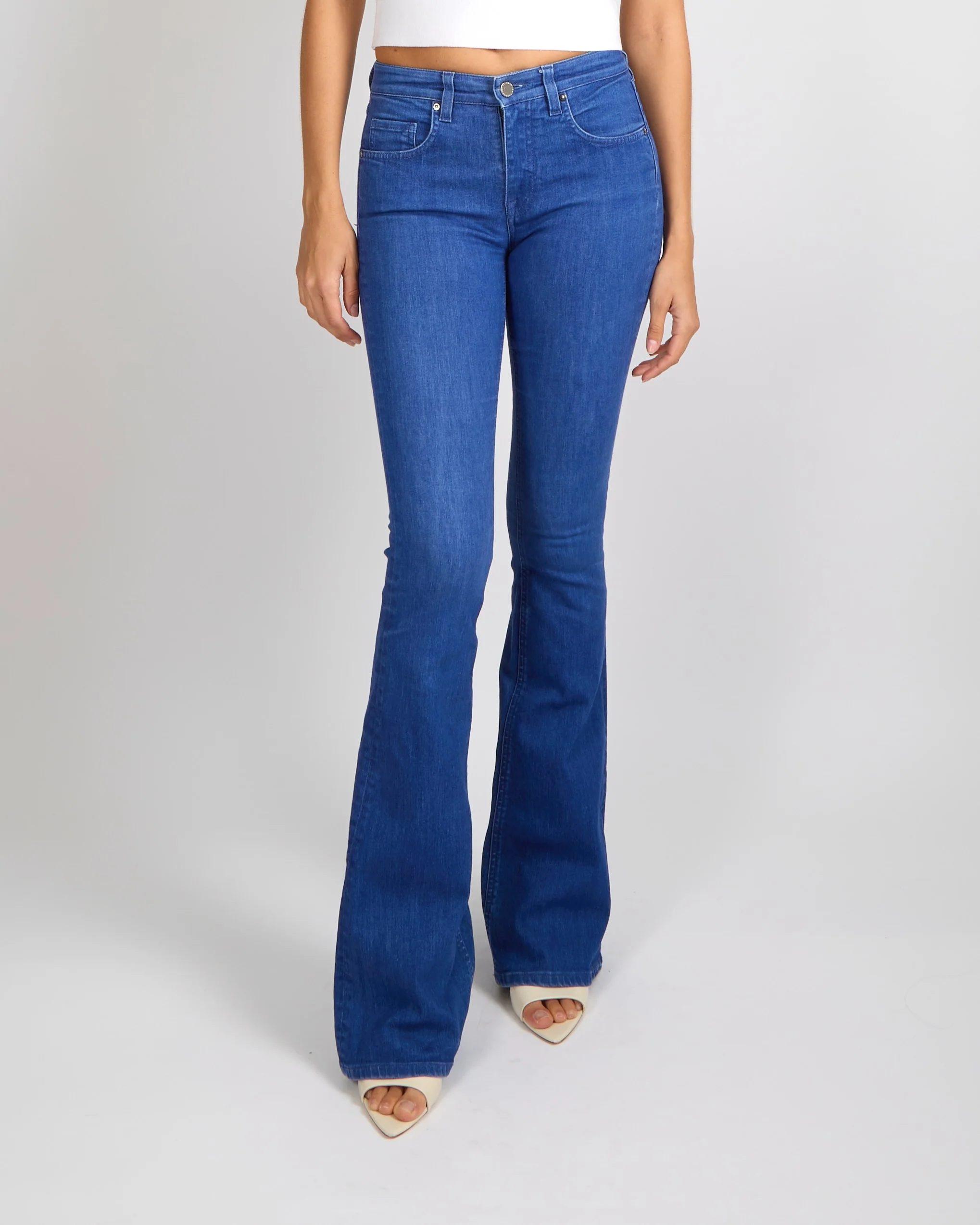 Victoria Beckham Blue Flared High-Waisted Jeans with Silver Button and White Back Logo Patch Size 24 (UK 6) - Image 2