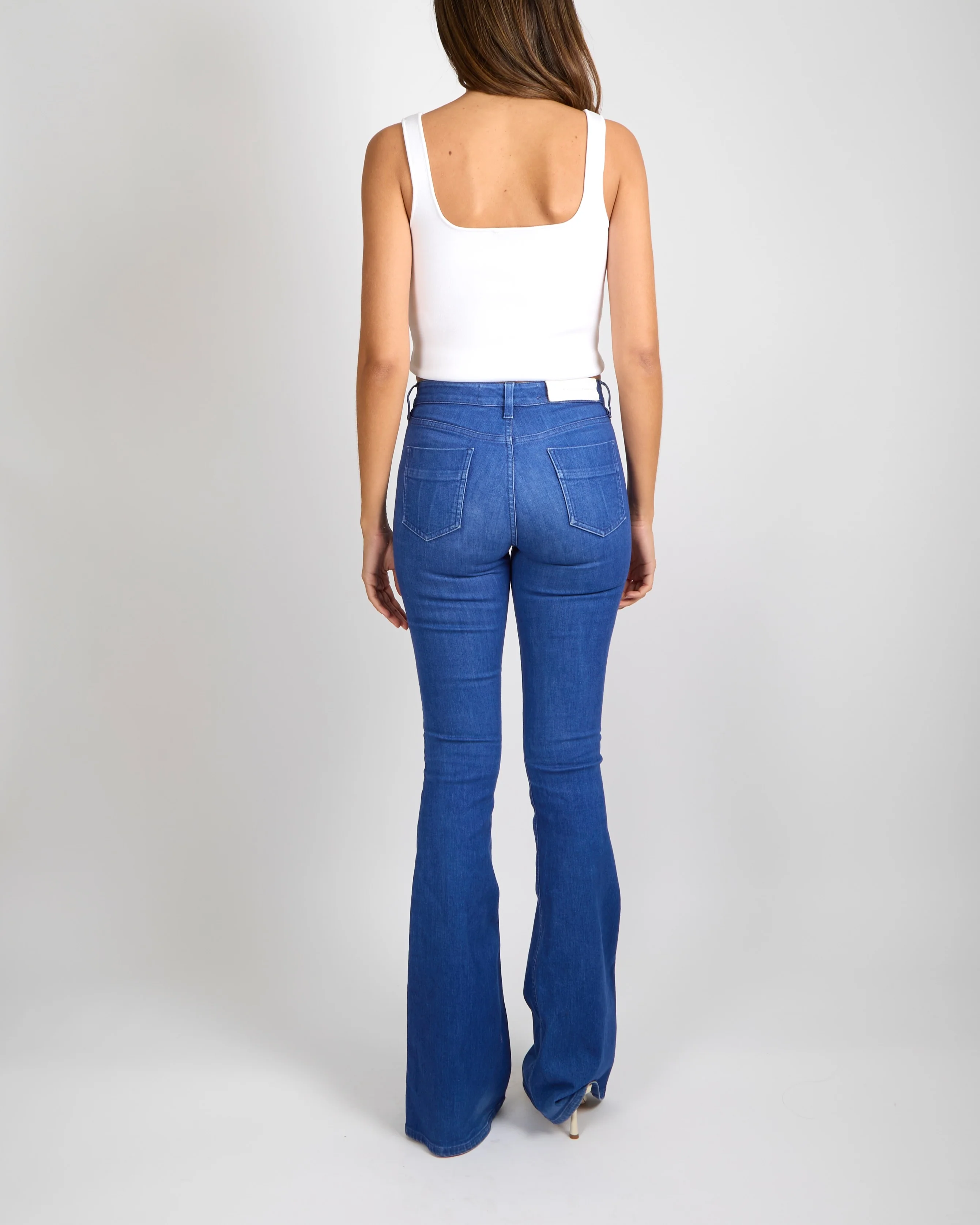Victoria Beckham Blue Flared High-Waisted Jeans with Silver Button and White Back Logo Patch Size 24 (UK 6) - Image 3