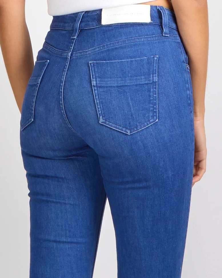 Victoria Beckham Blue Flared High-Waisted Jeans with Silver Button and White Back Logo Patch Size 24 (UK 6) - Image 4