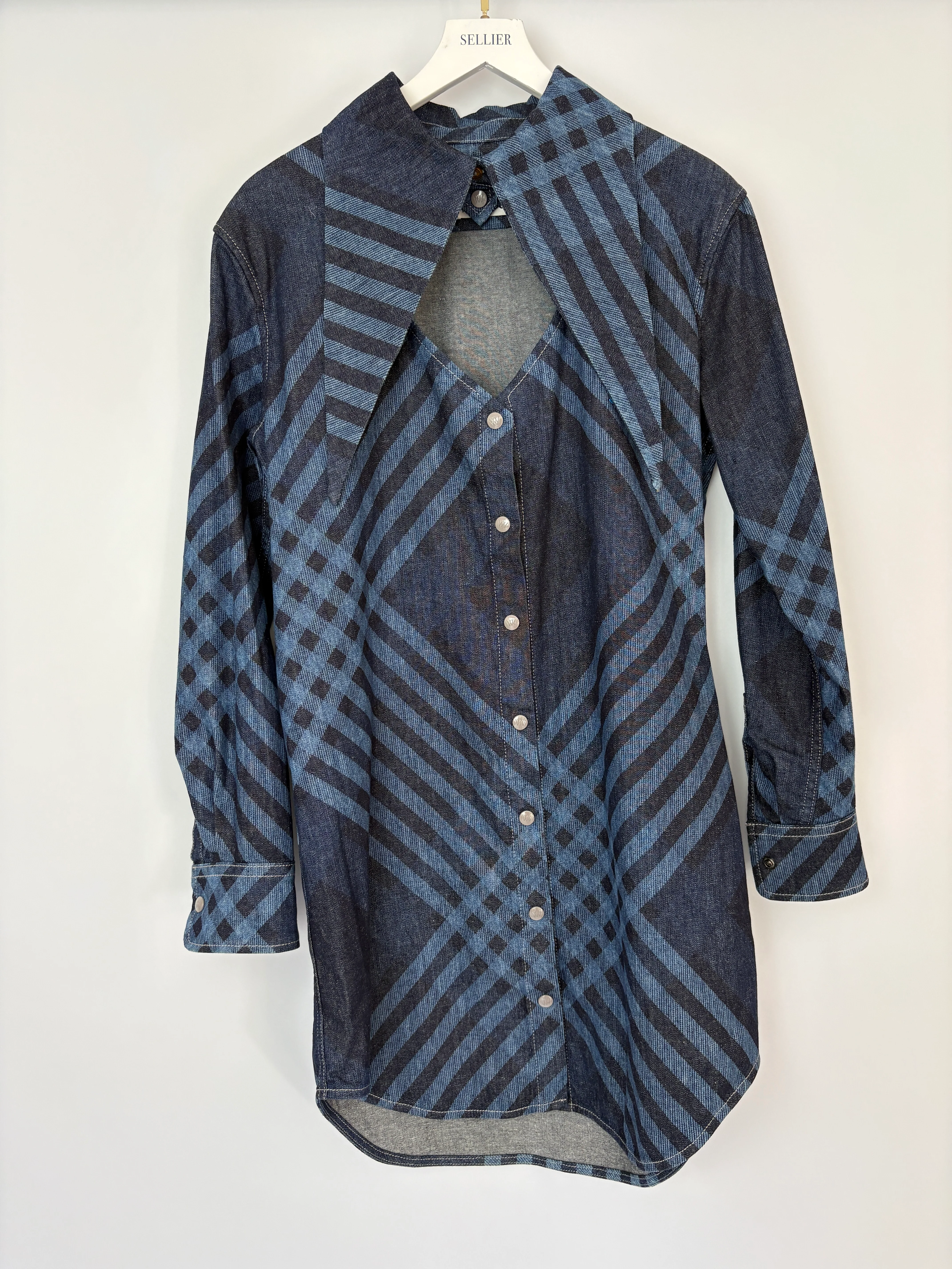 Vivienne Westwood Denim Gingham Printed Long Sleeve Shirt Dress With Exaggerated Collar Size IT 42 (UK 10) - Image 10